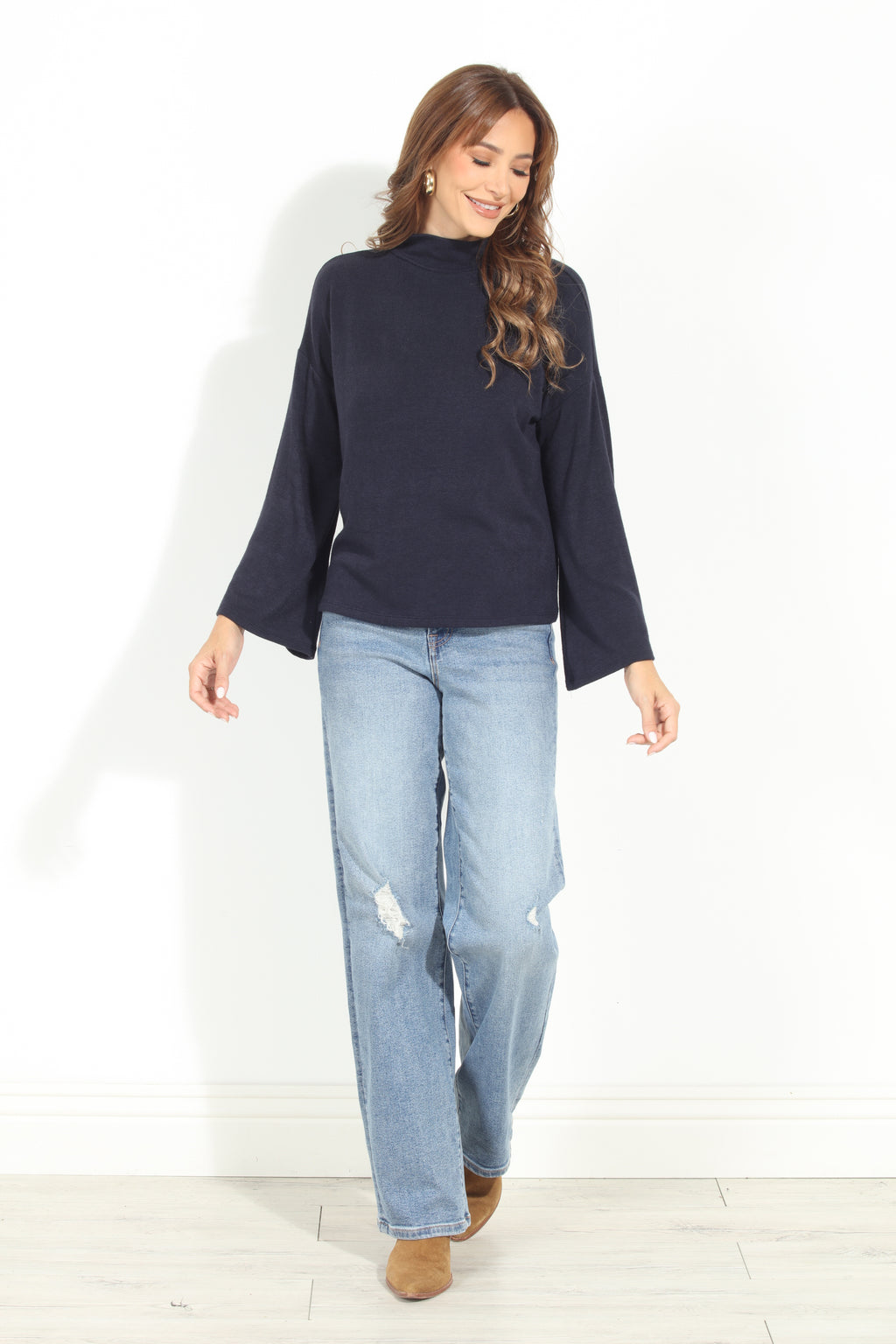 Navy Cashmere Mock Neck Knit Top