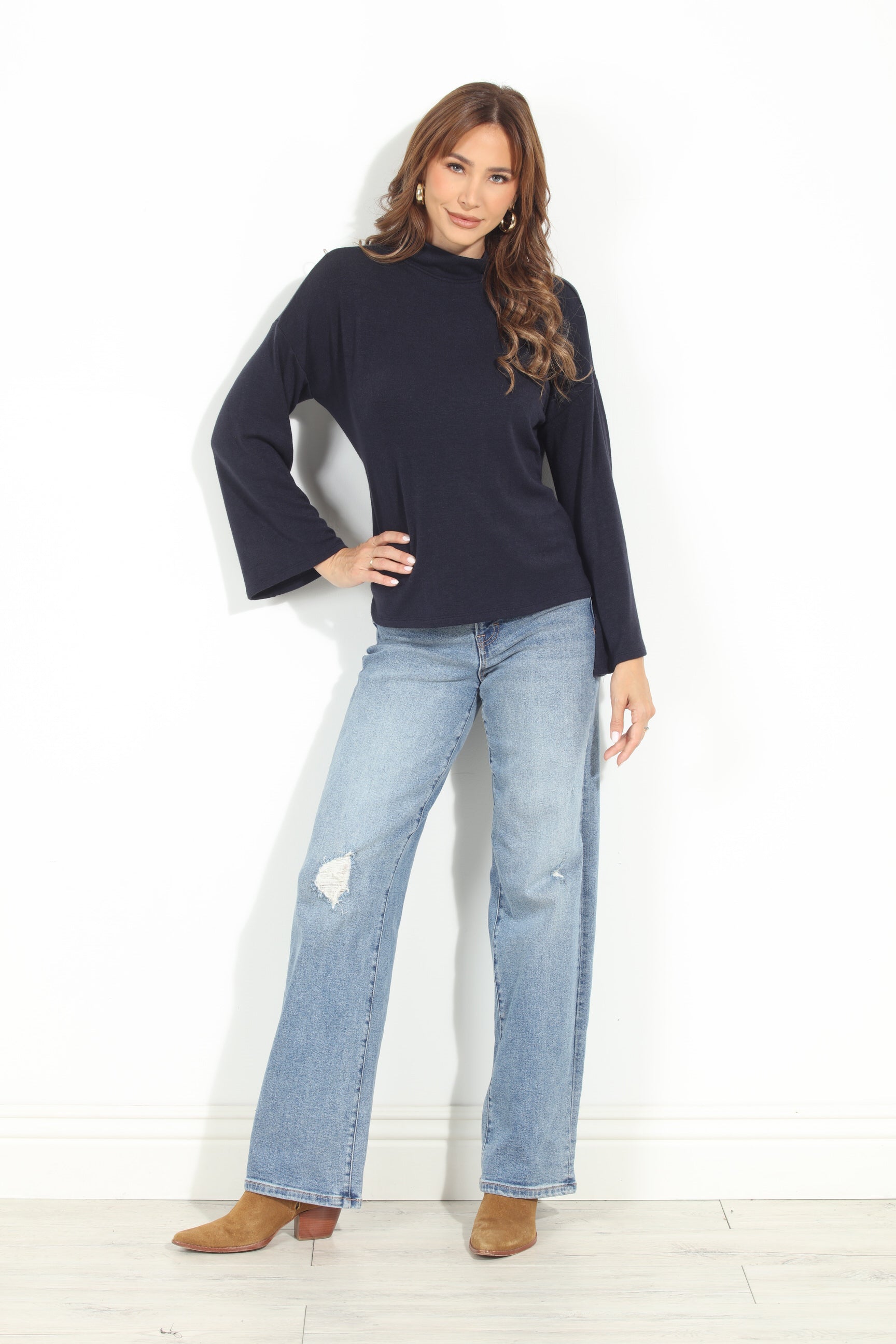 Navy Cashmere Mock Neck Knit Top