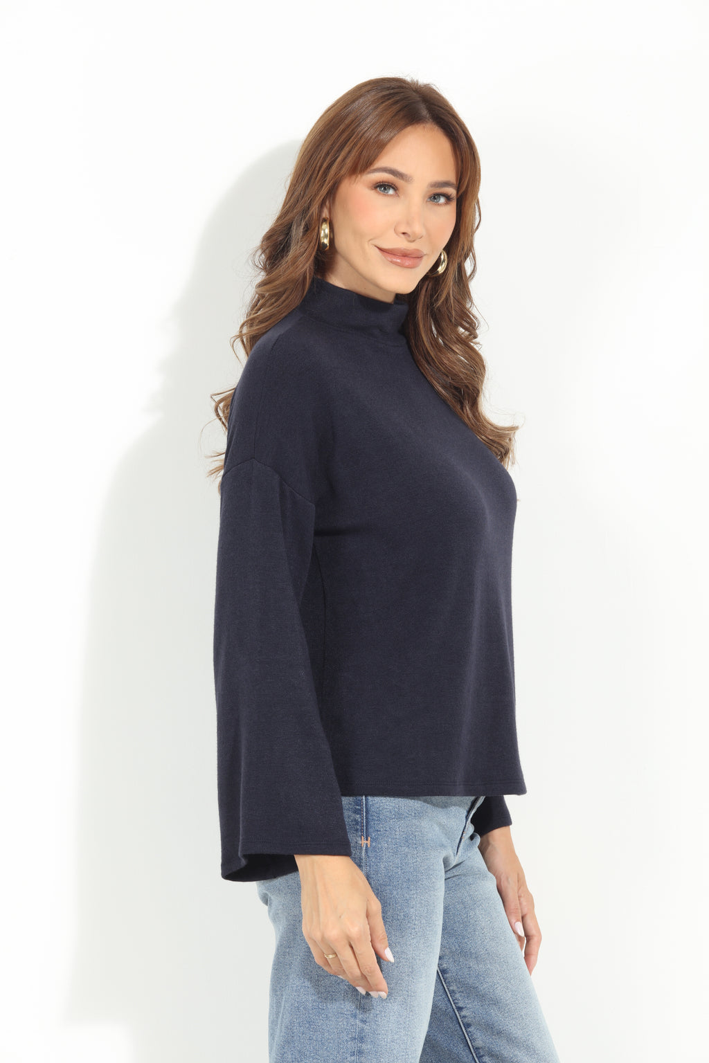 Navy Cashmere Mock Neck Knit Top