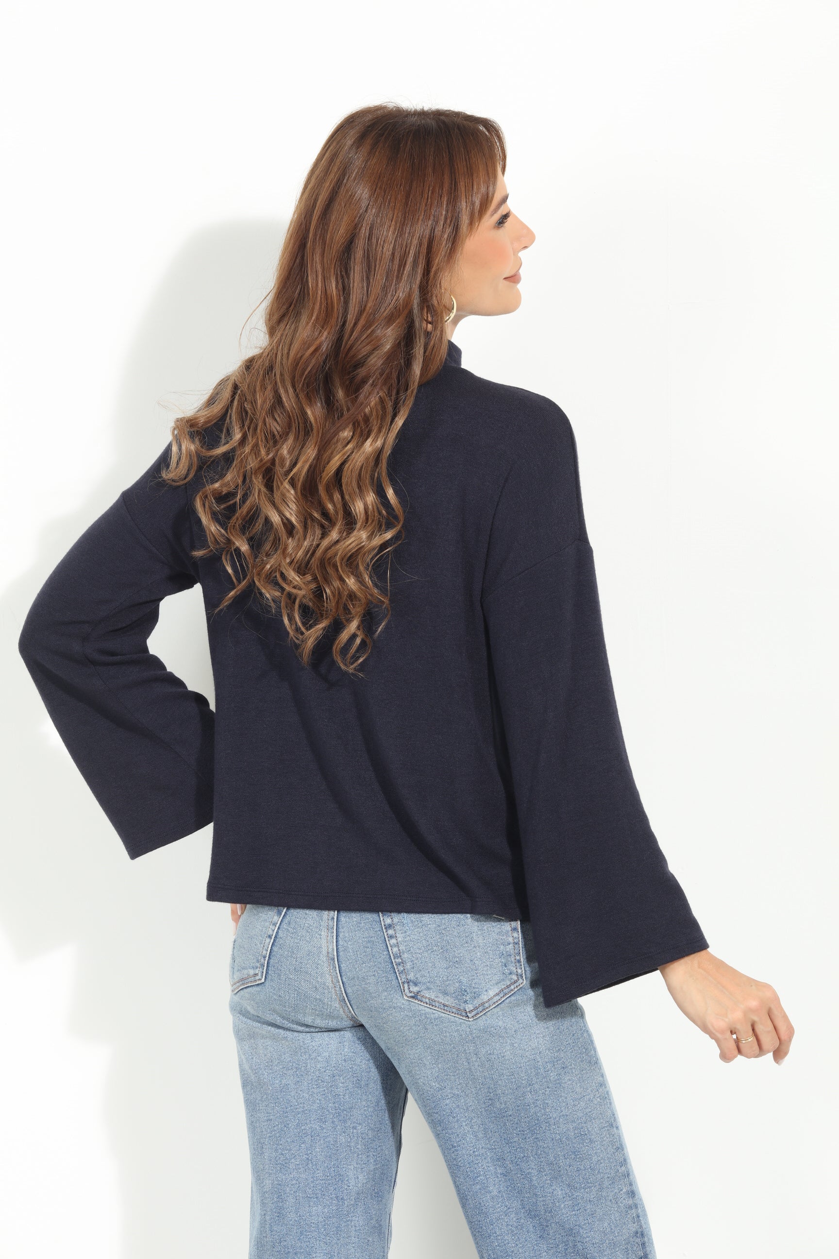 Navy Cashmere Mock Neck Knit Top