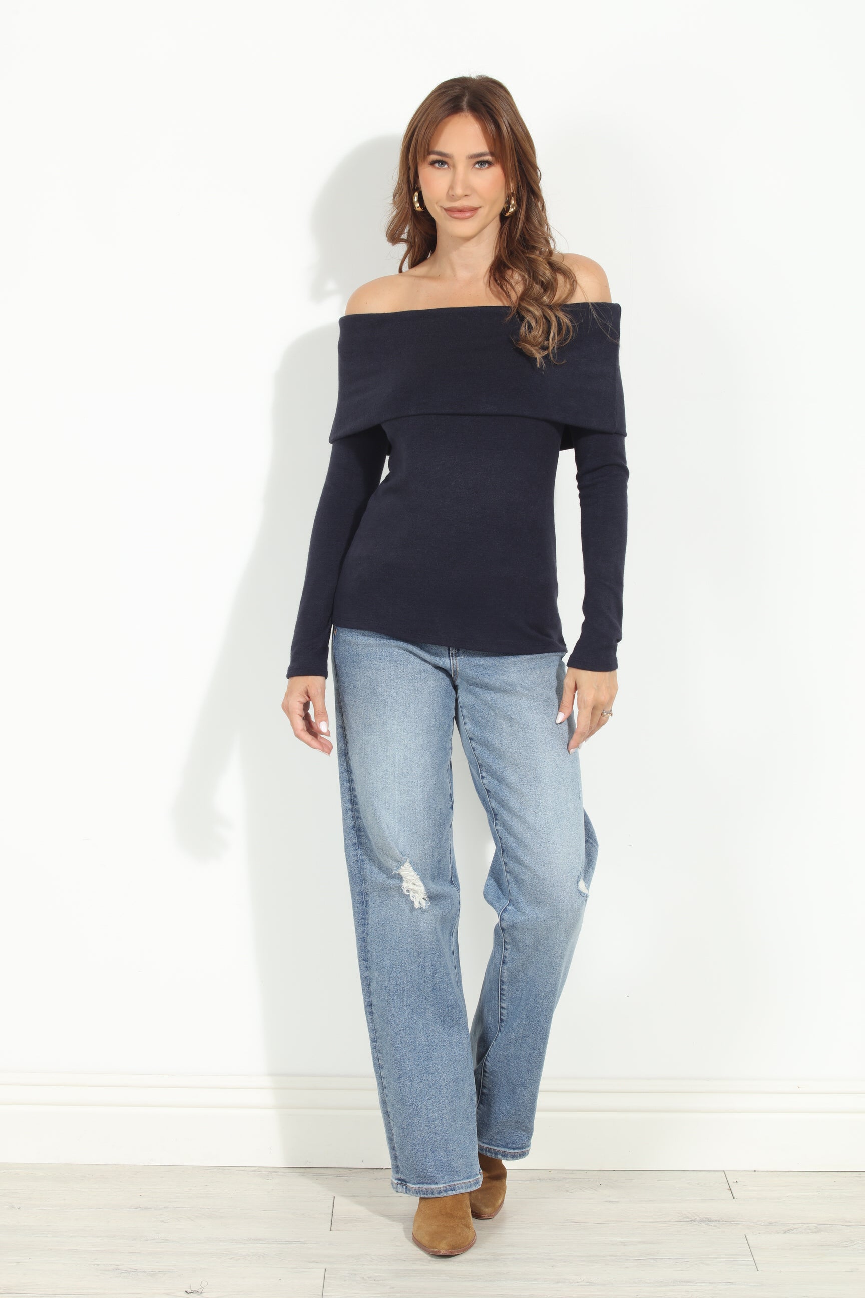 Navy Cashmere OTS Knit Top