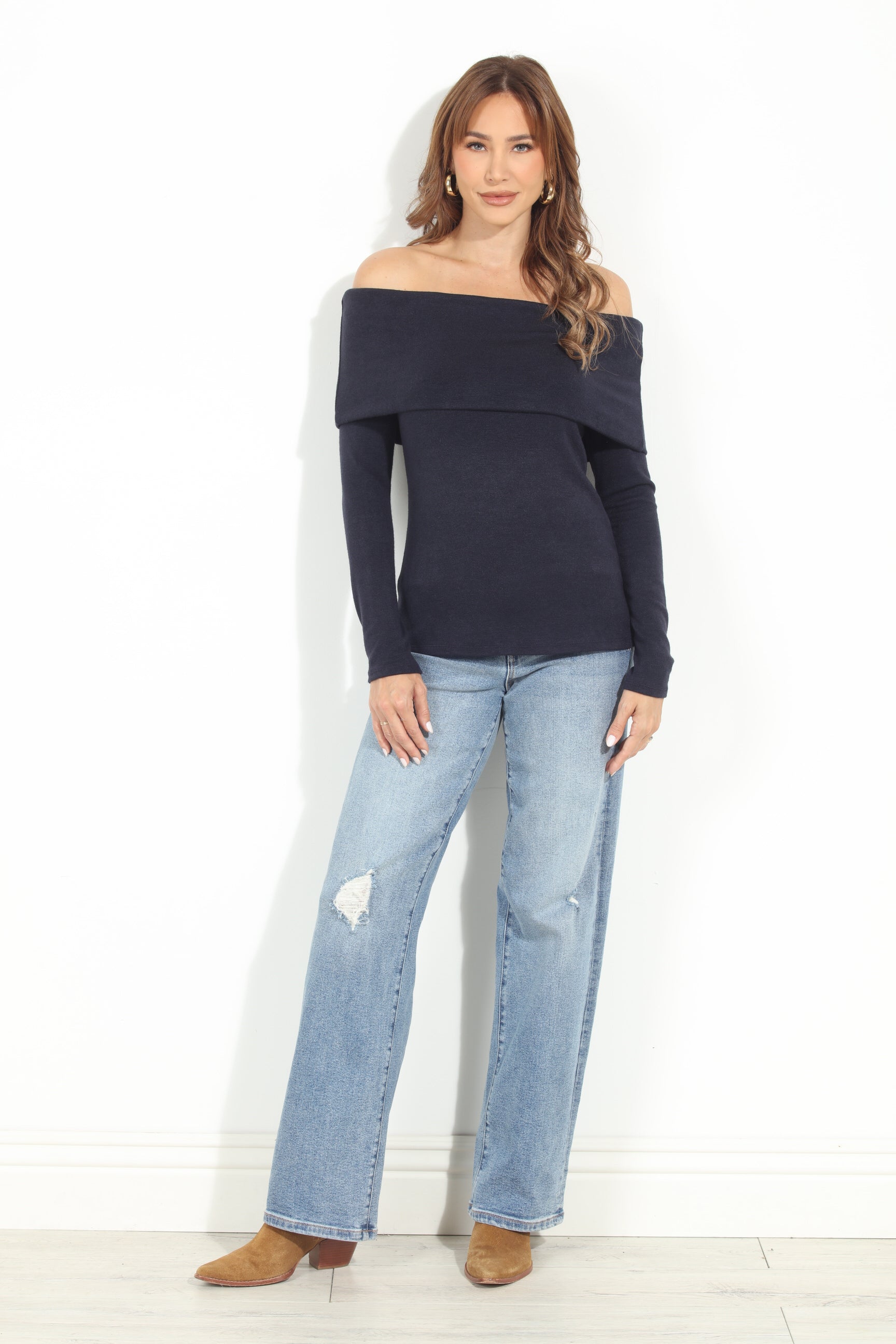 Navy Cashmere OTS Knit Top