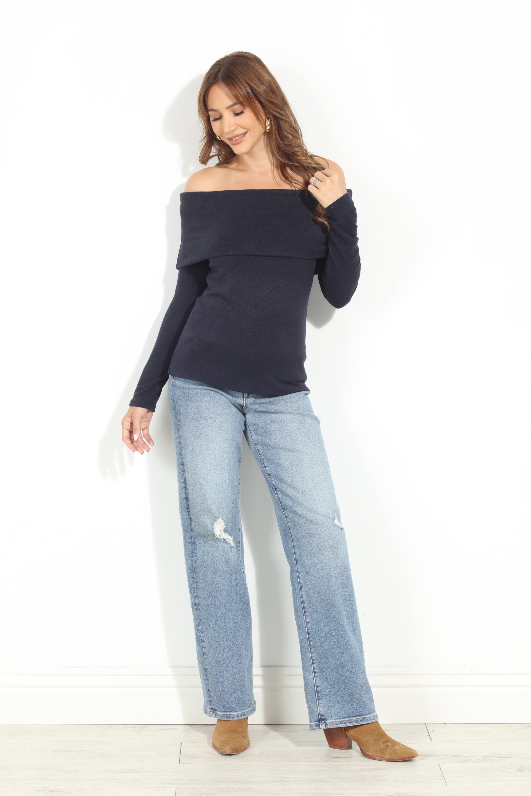 Navy Cashmere OTS Knit Top