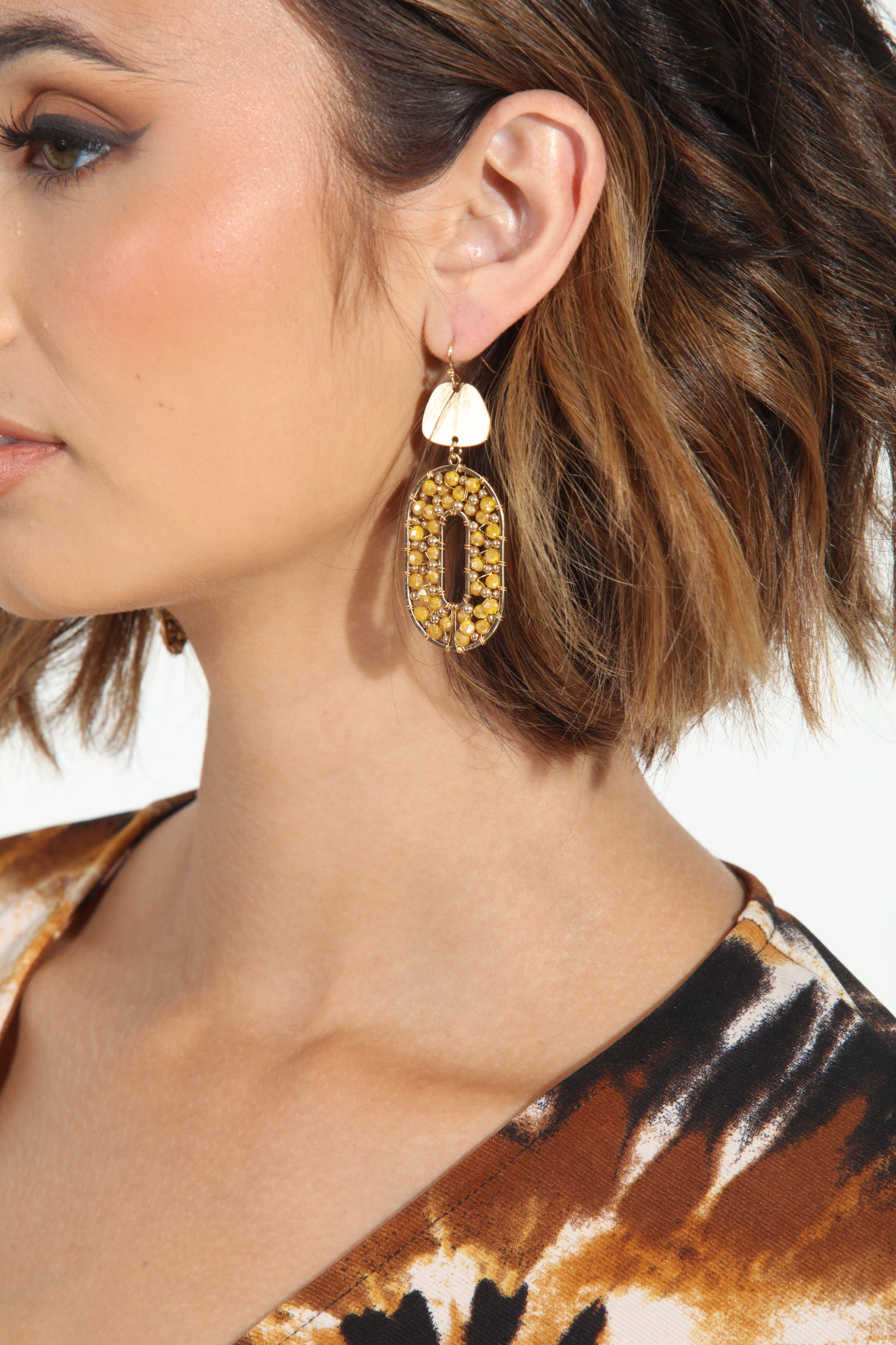 Yellow and Gold Beaded Oval Earrings