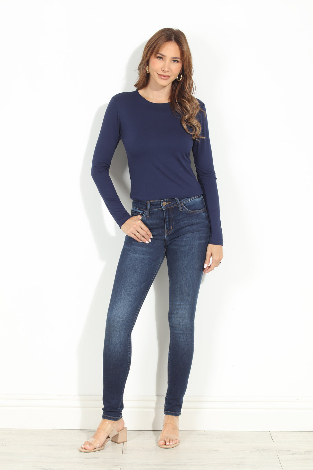 Navy  Lined Crew Neck Top