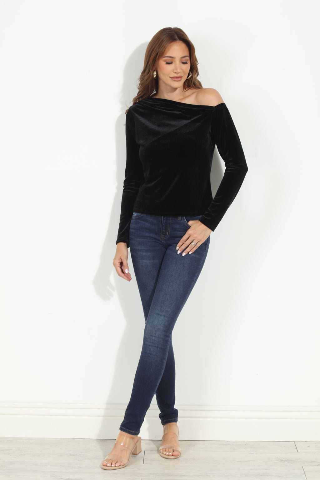 Black Velvet Asymmetrical Long Sleeve Top-BEST SELLER