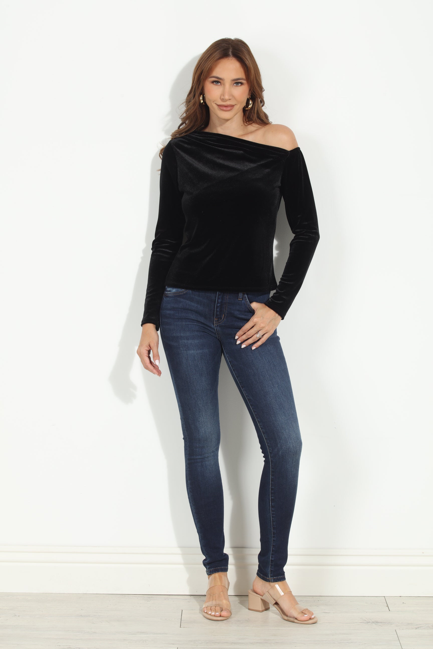 Black Velvet Asymmetrical Long Sleeve Top-BEST SELLER