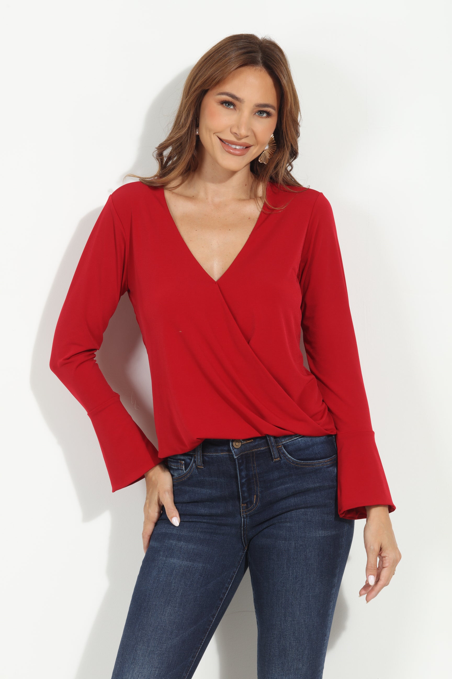 Cranberry ITY Surplice Bell Sleeve Top - BEST SELLER