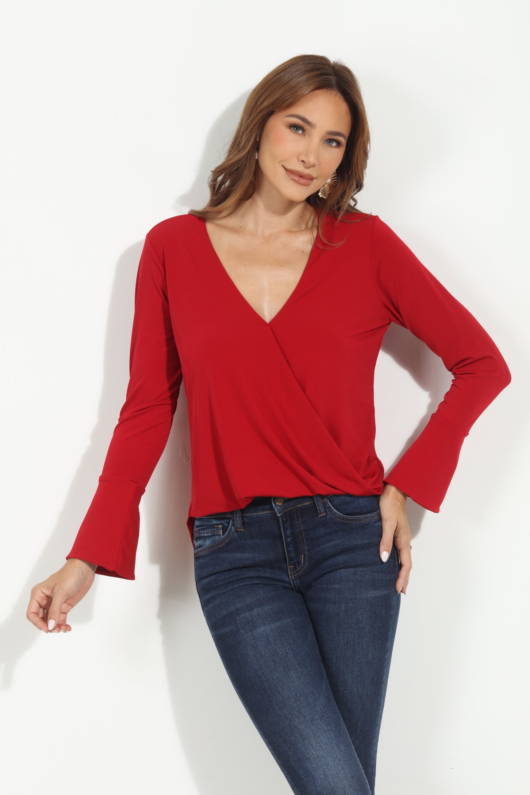 Cranberry ITY Surplice Bell Sleeve Top - BEST SELLER