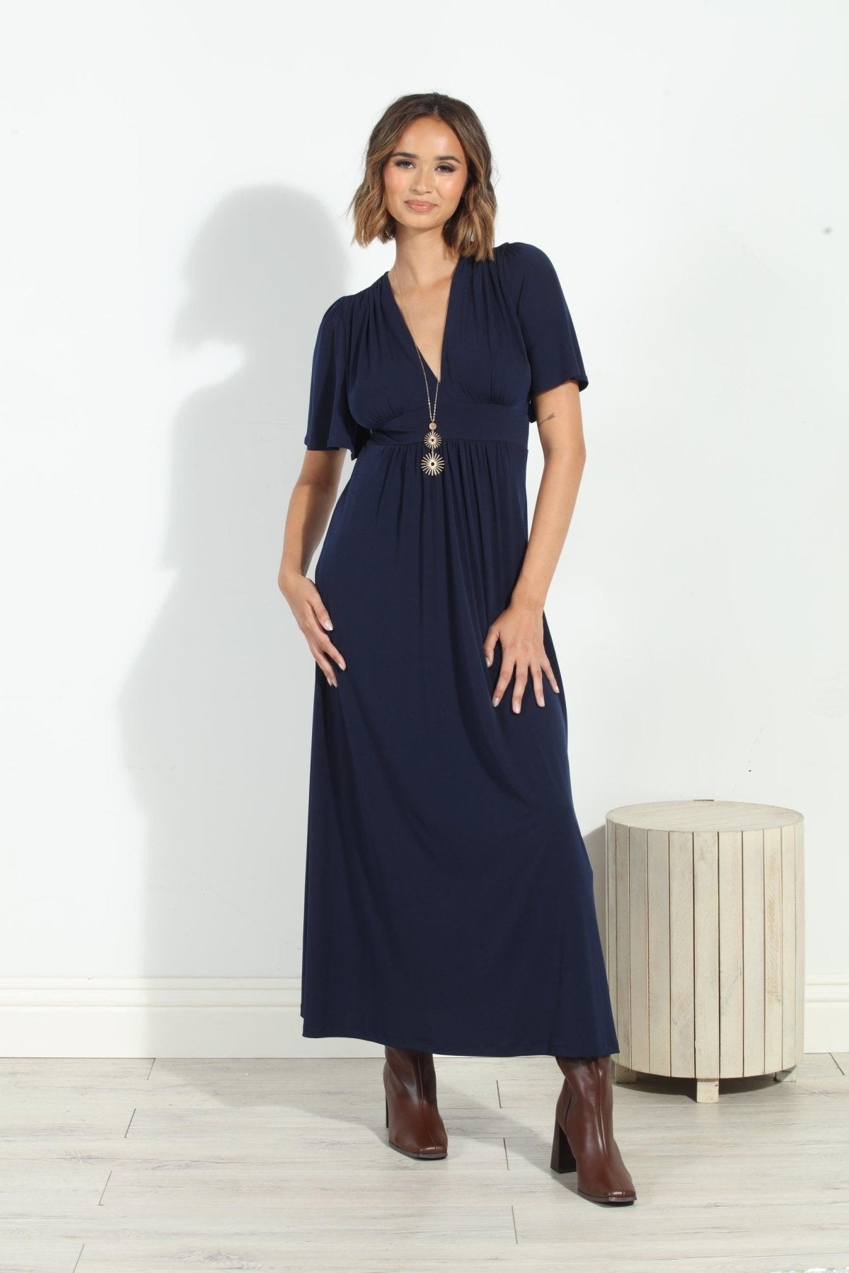 Navy Stretch Deep V Flutter Sleeve Maxi Dress-BEST SELLER