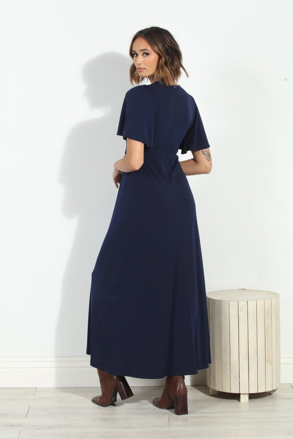 Navy Stretch Deep V Flutter Sleeve Maxi Dress-BEST SELLER