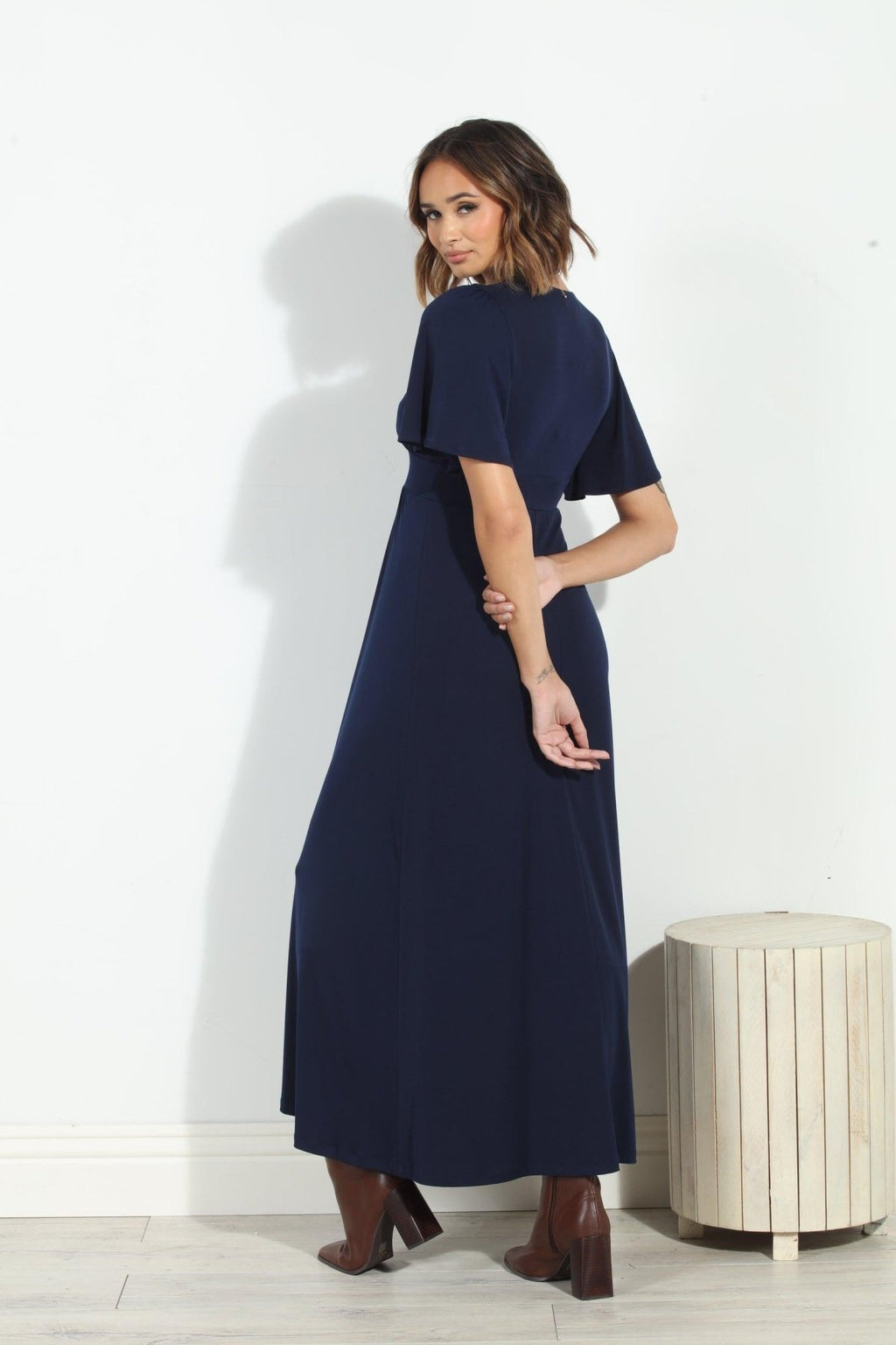 Navy Stretch Deep V Flutter Sleeve Maxi Dress-BEST SELLER