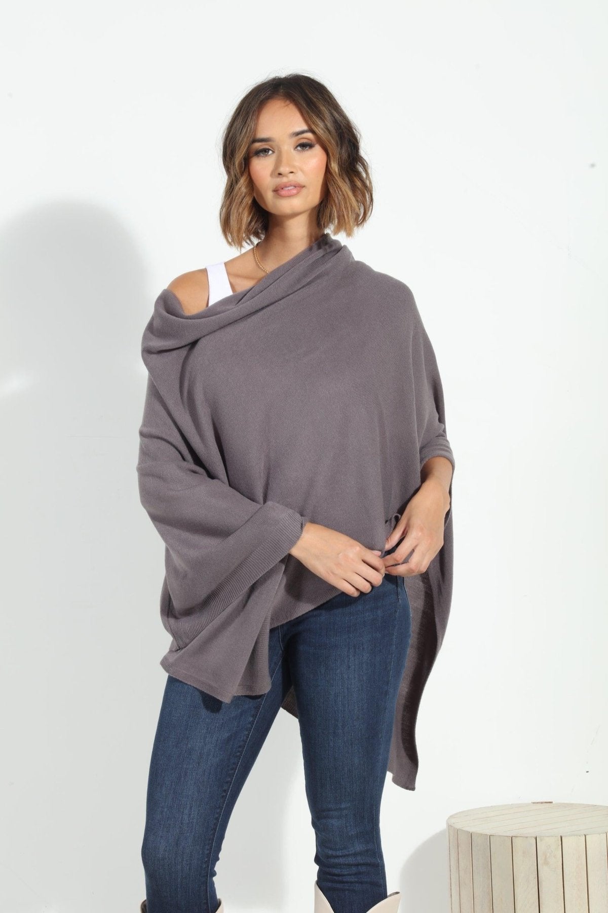 Dark Grey Throw-On Poncho- NEW COLOR