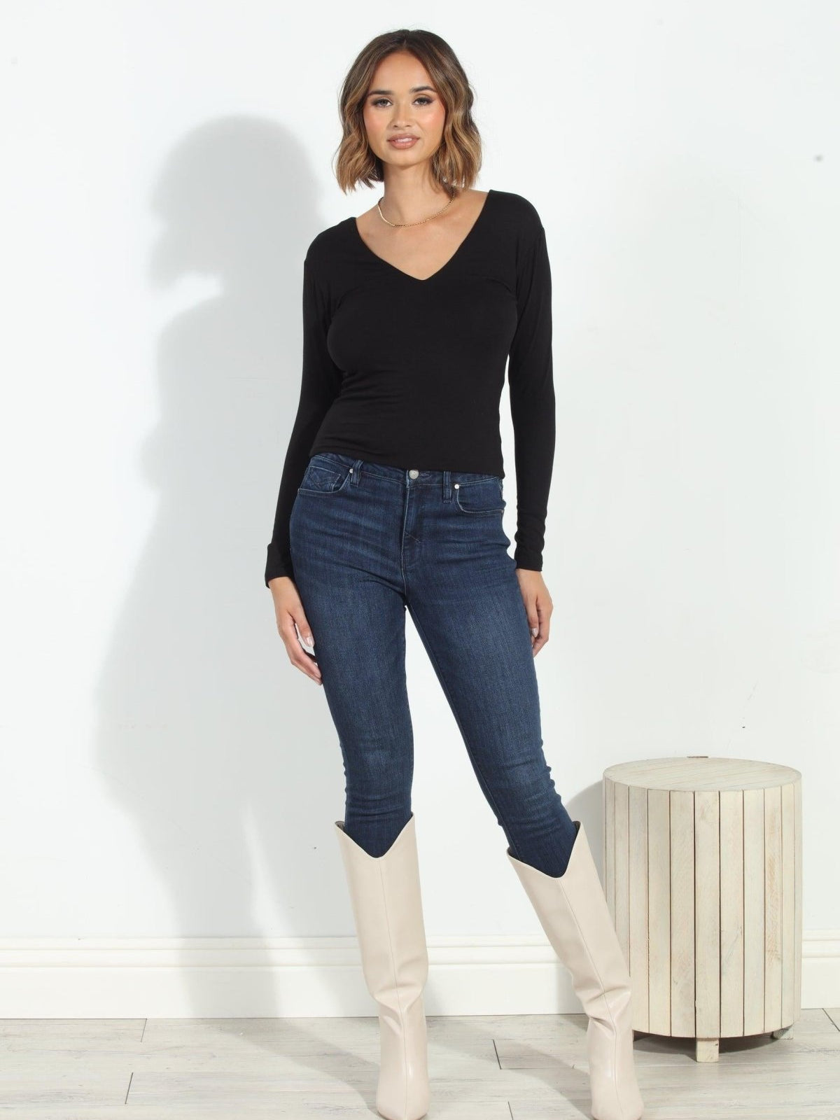 Jersey V-Neck Lined Top-Black-BEST SELLER