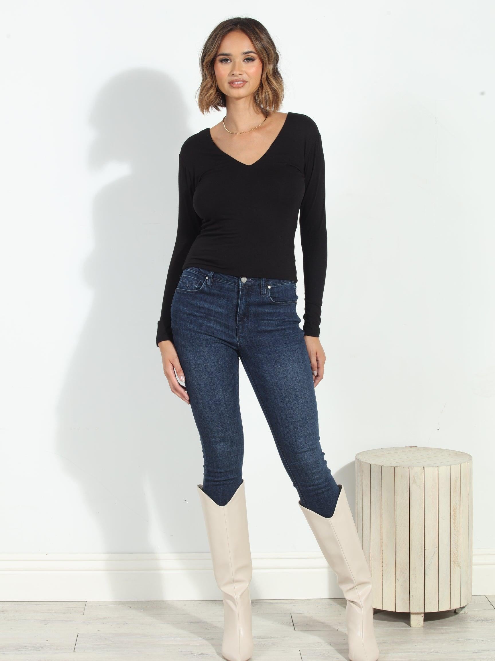 Jersey V-Neck Lined Top-Black-BEST SELLER