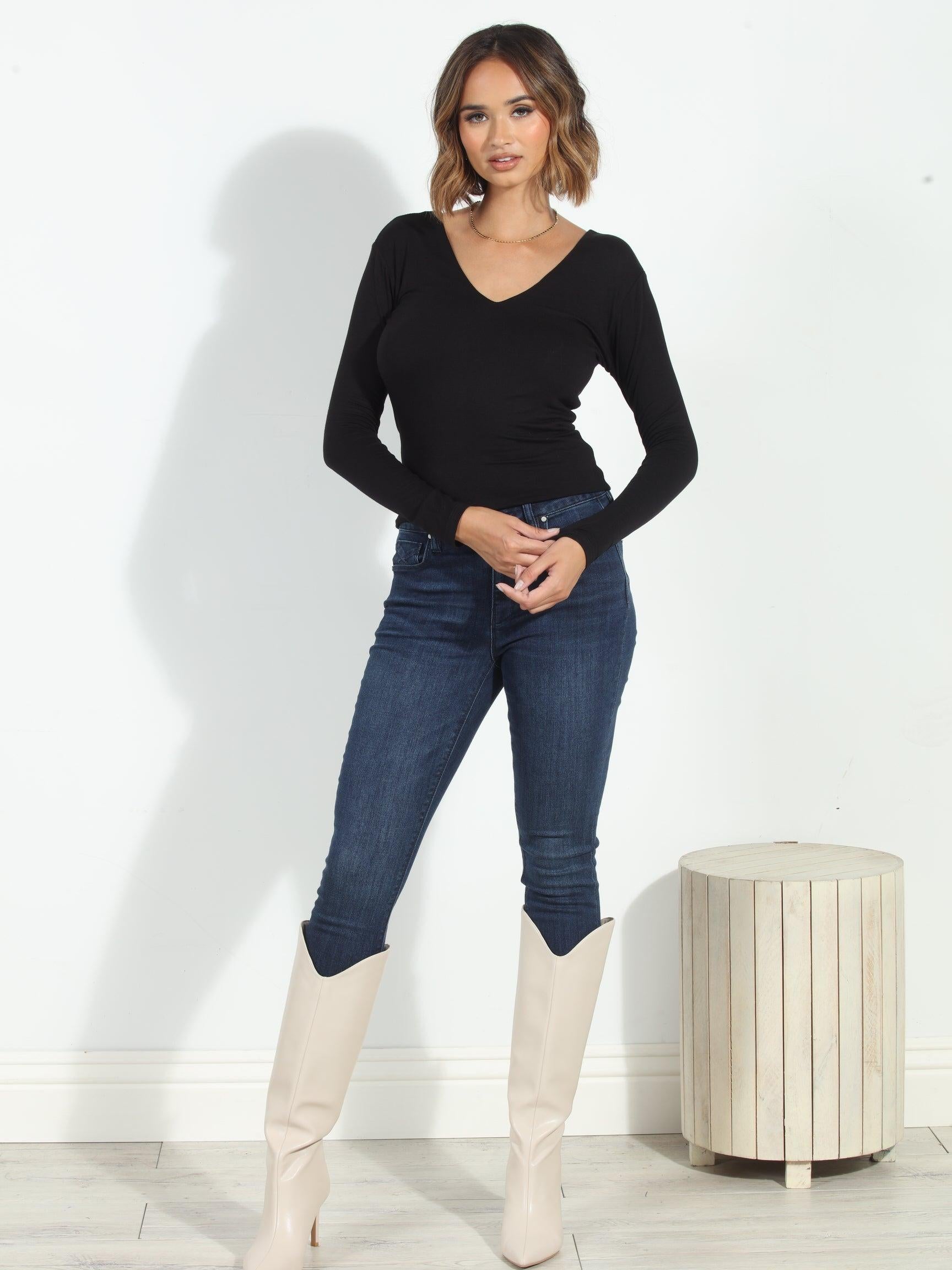 Jersey V-Neck Lined Top-Black-BEST SELLER