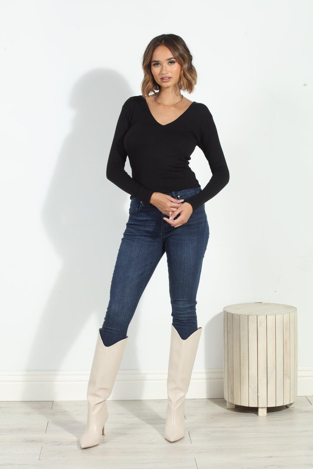 Jersey V-Neck Lined Top-Black-BEST SELLER