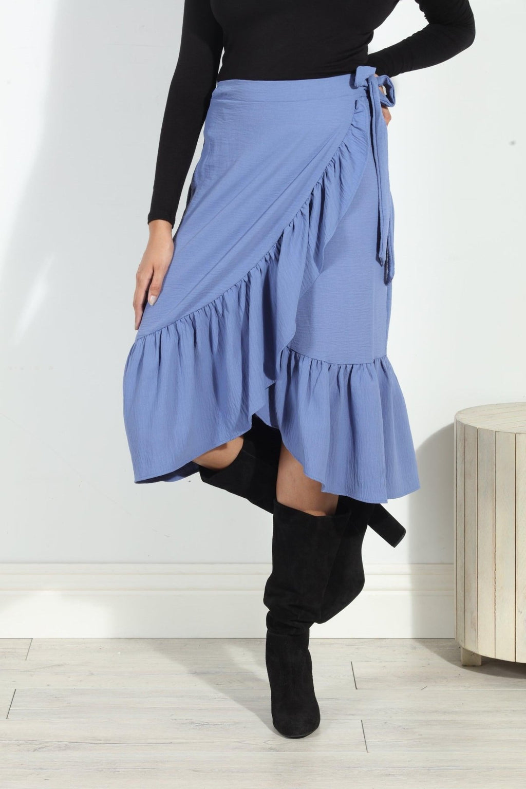 Denim Airflow Wrap Ruffle Skirt