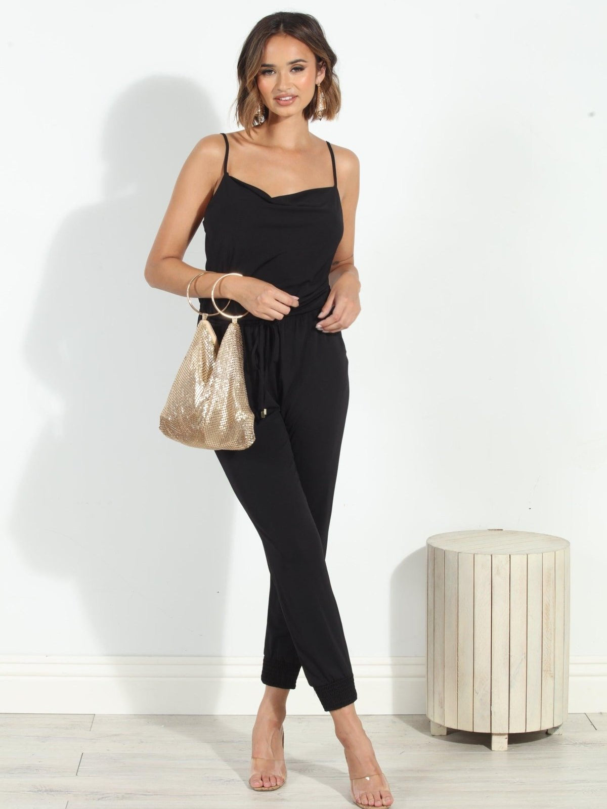 Black Cowl Neck Stretch Jumpsuit-BEST SELLER