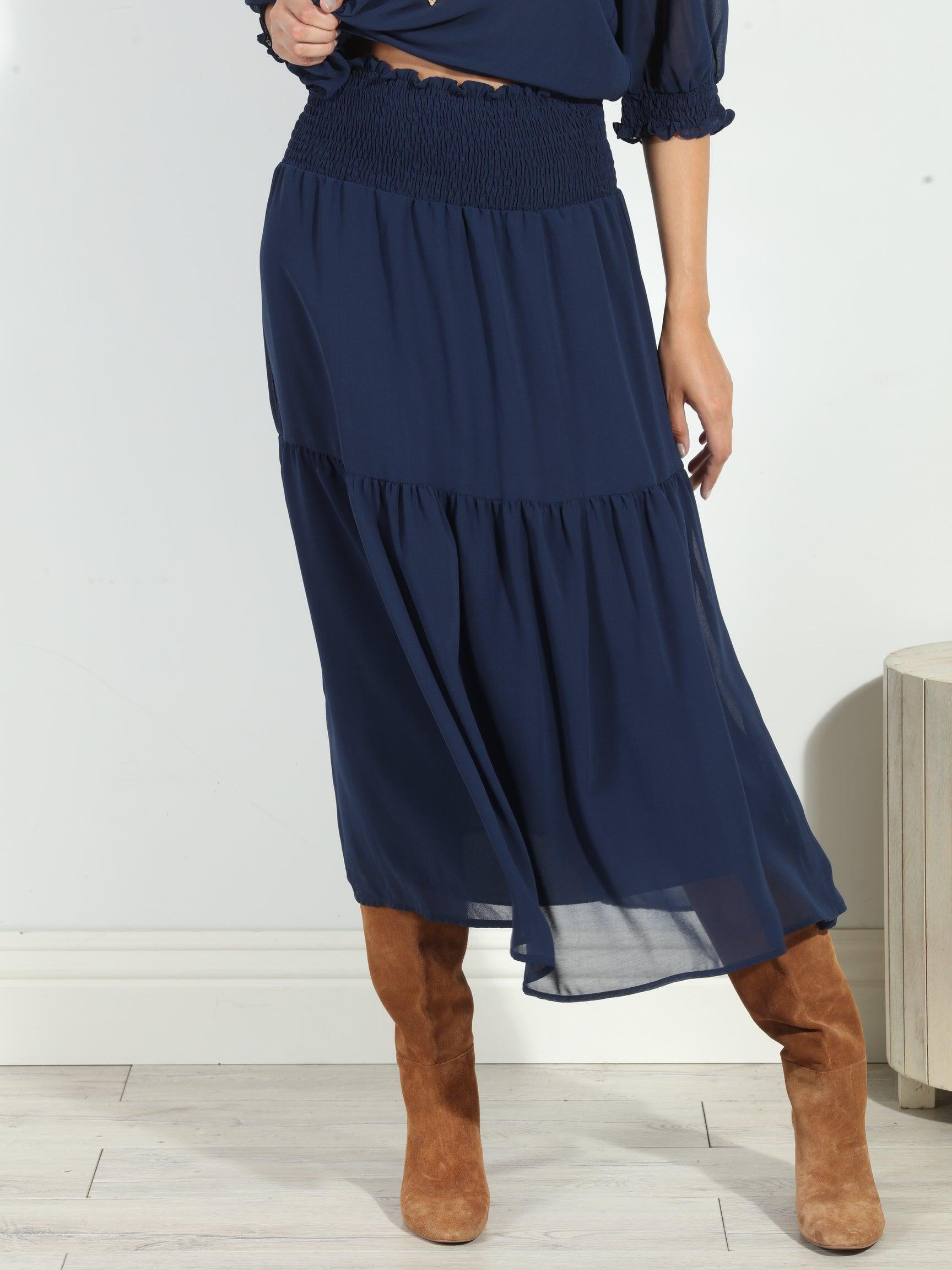 Navy Chiffon Ruffle Midi Skirt-BEST SELLER