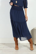 Navy Chiffon Ruffle Midi Skirt-BEST SELLER