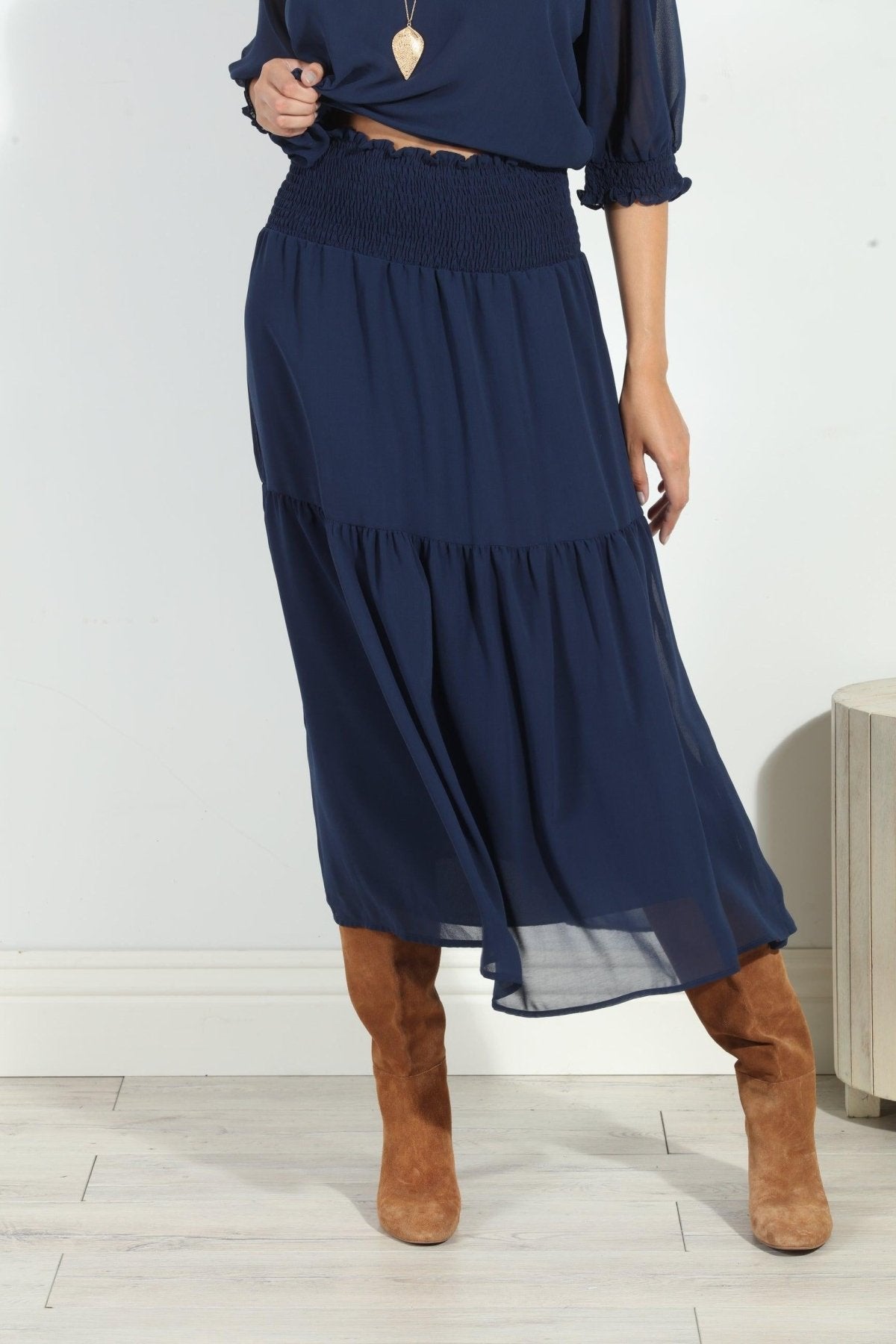 Navy Chiffon Ruffle Midi Skirt-BEST SELLER