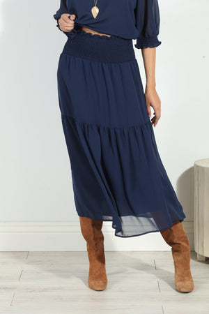 Navy Chiffon Ruffle Midi Skirt-BEST SELLER