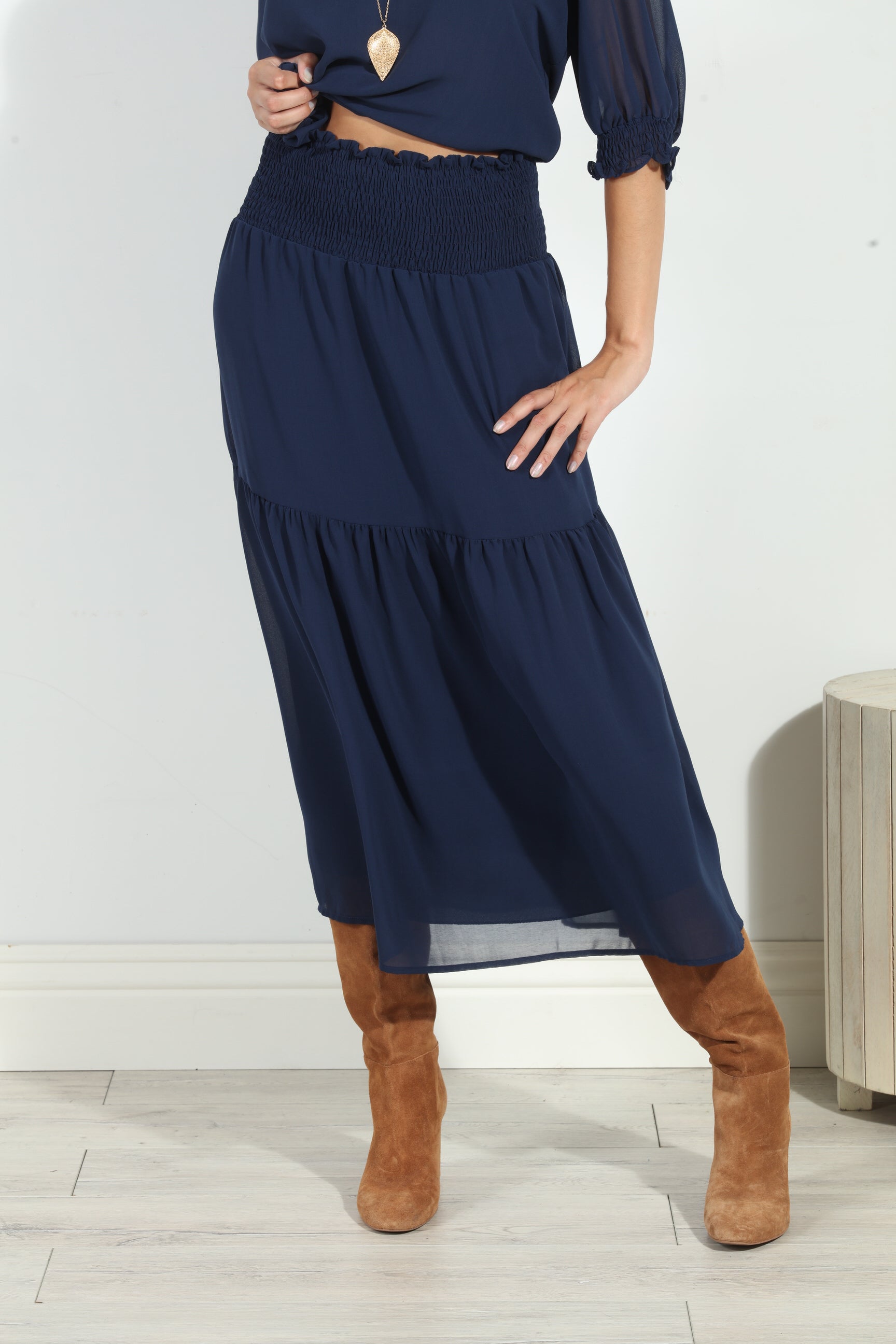 Navy Chiffon Midi Skirt-BEST SELLER