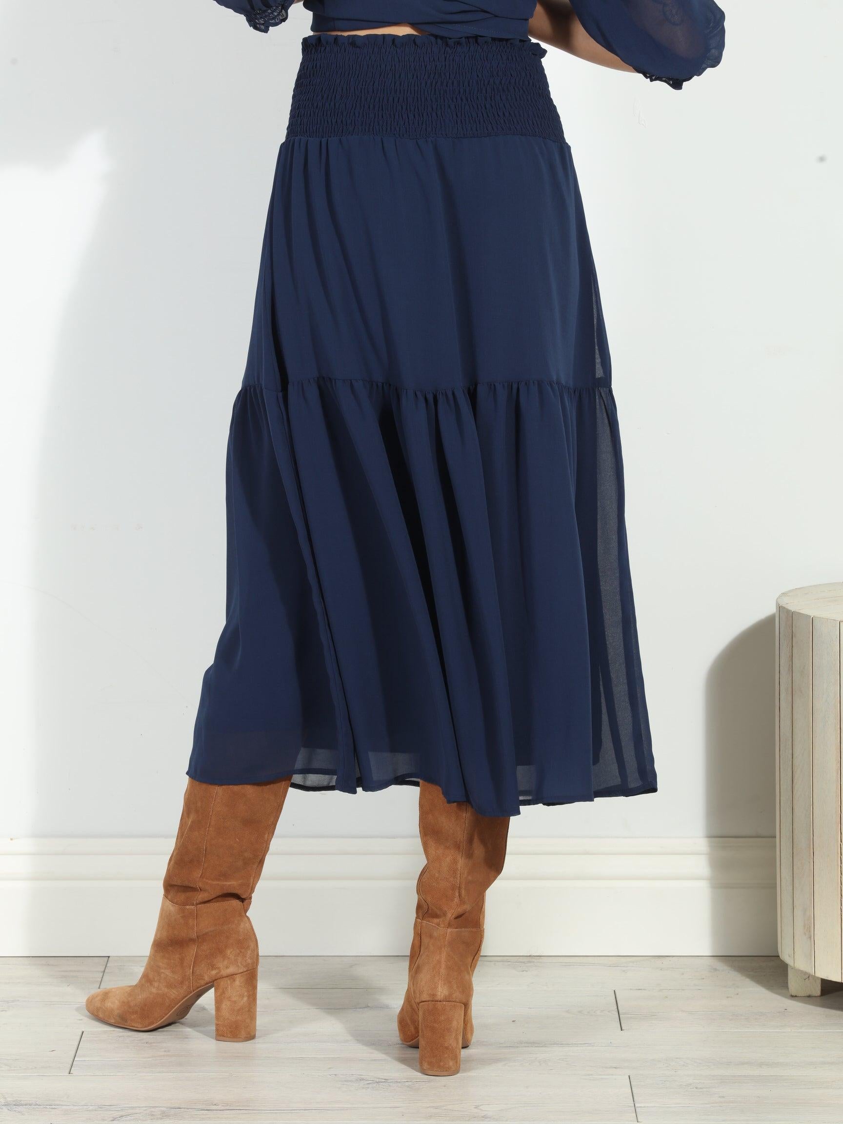 Navy Chiffon Ruffle Midi Skirt-BEST SELLER