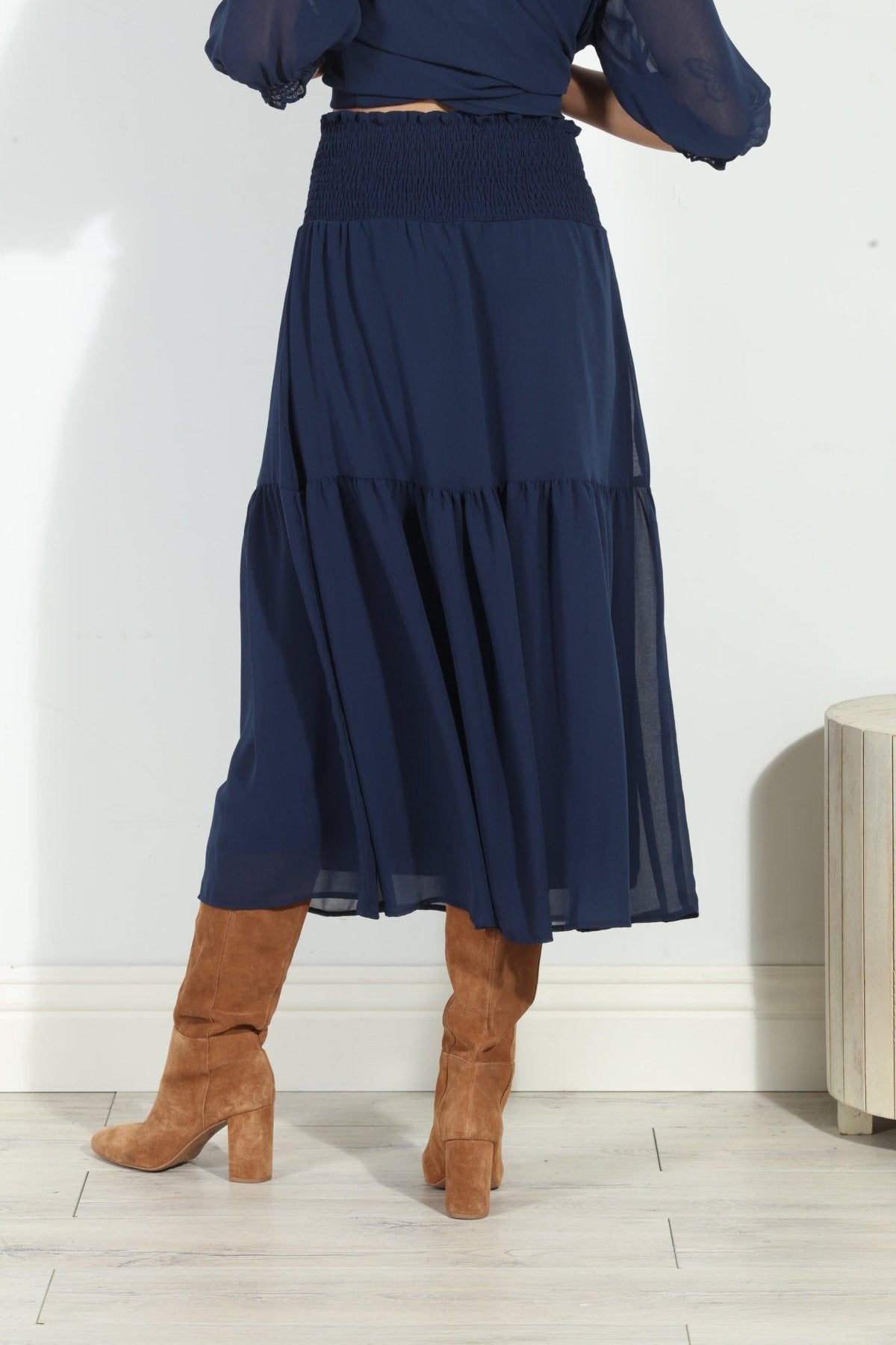 Navy Chiffon Ruffle Midi Skirt-BEST SELLER