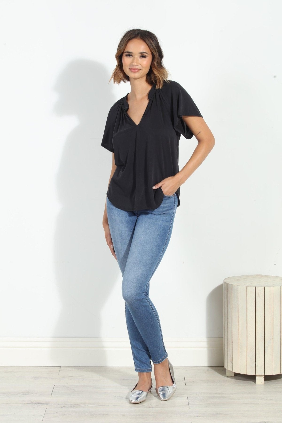 Charcoal Short Sleeve Cupro Split Neck Top-BEST SELLER