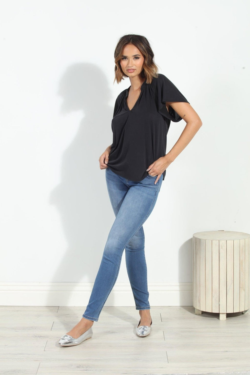 Charcoal Short Sleeve Cupro Split Neck Top-BEST SELLER