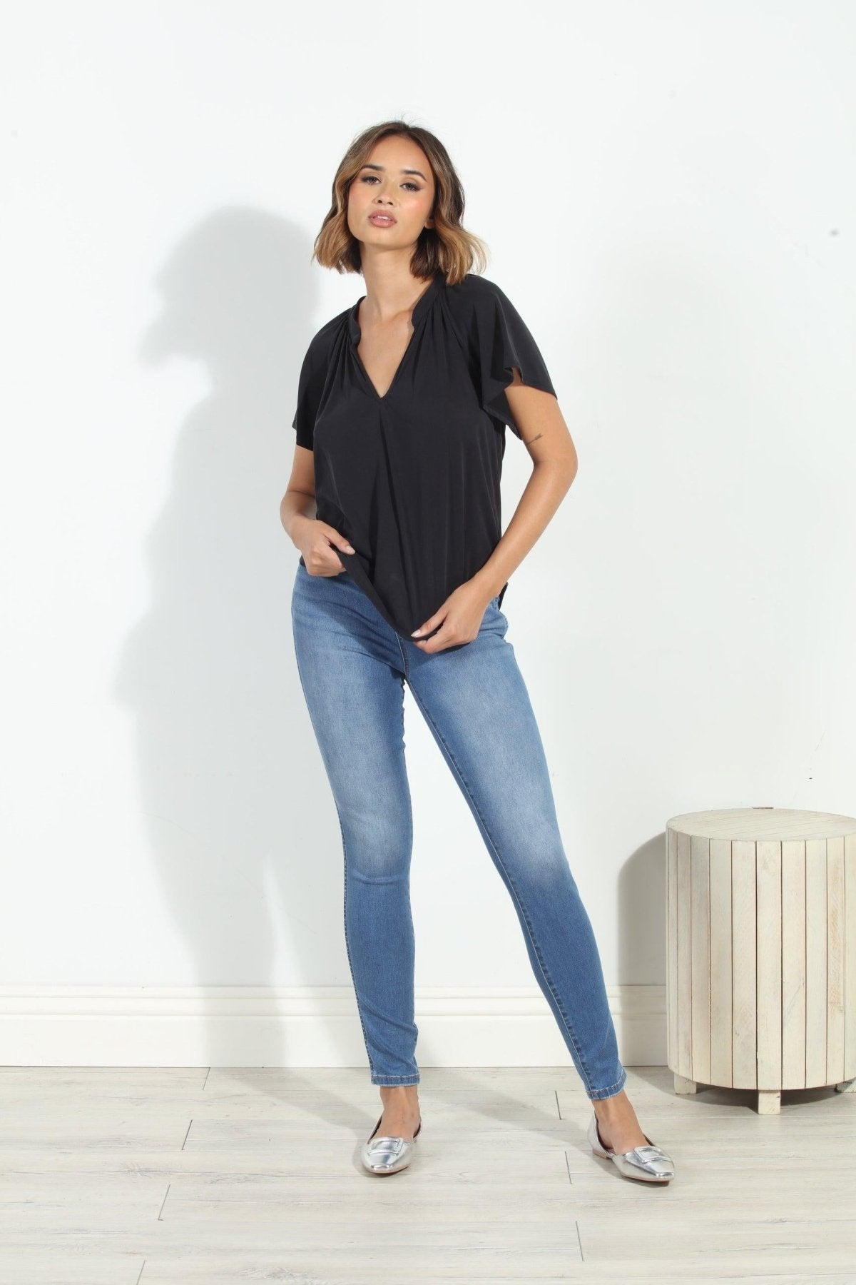 Charcoal Short Sleeve Cupro Split Neck Top-BEST SELLER