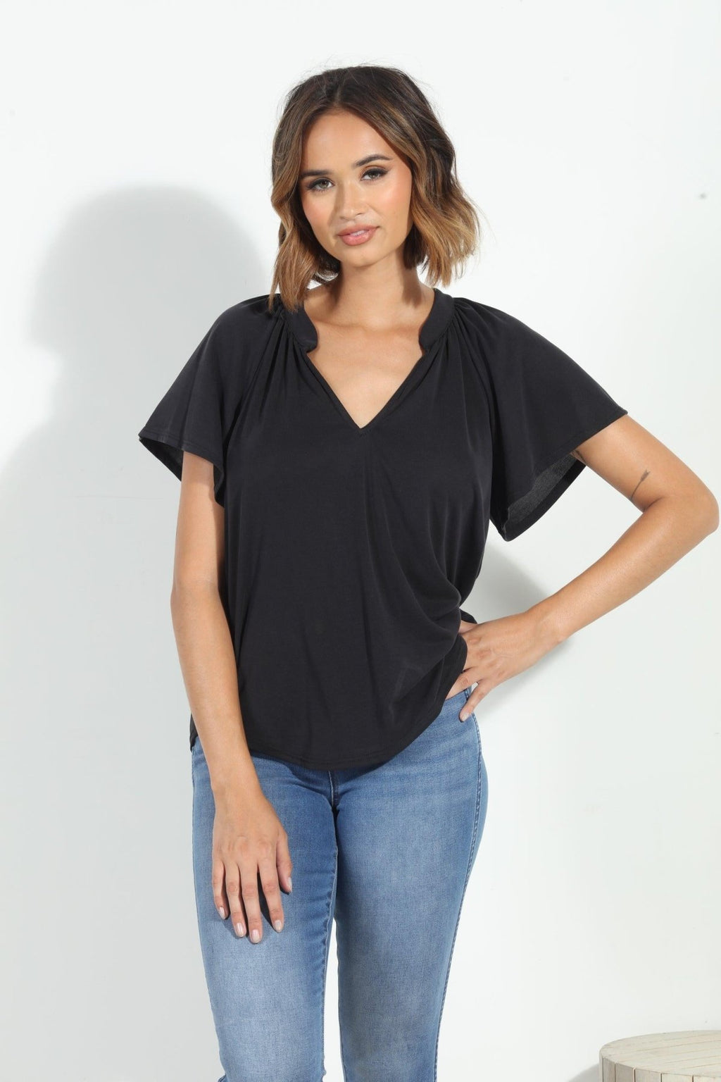 Charcoal Short Sleeve Cupro Split Neck Top-BEST SELLER