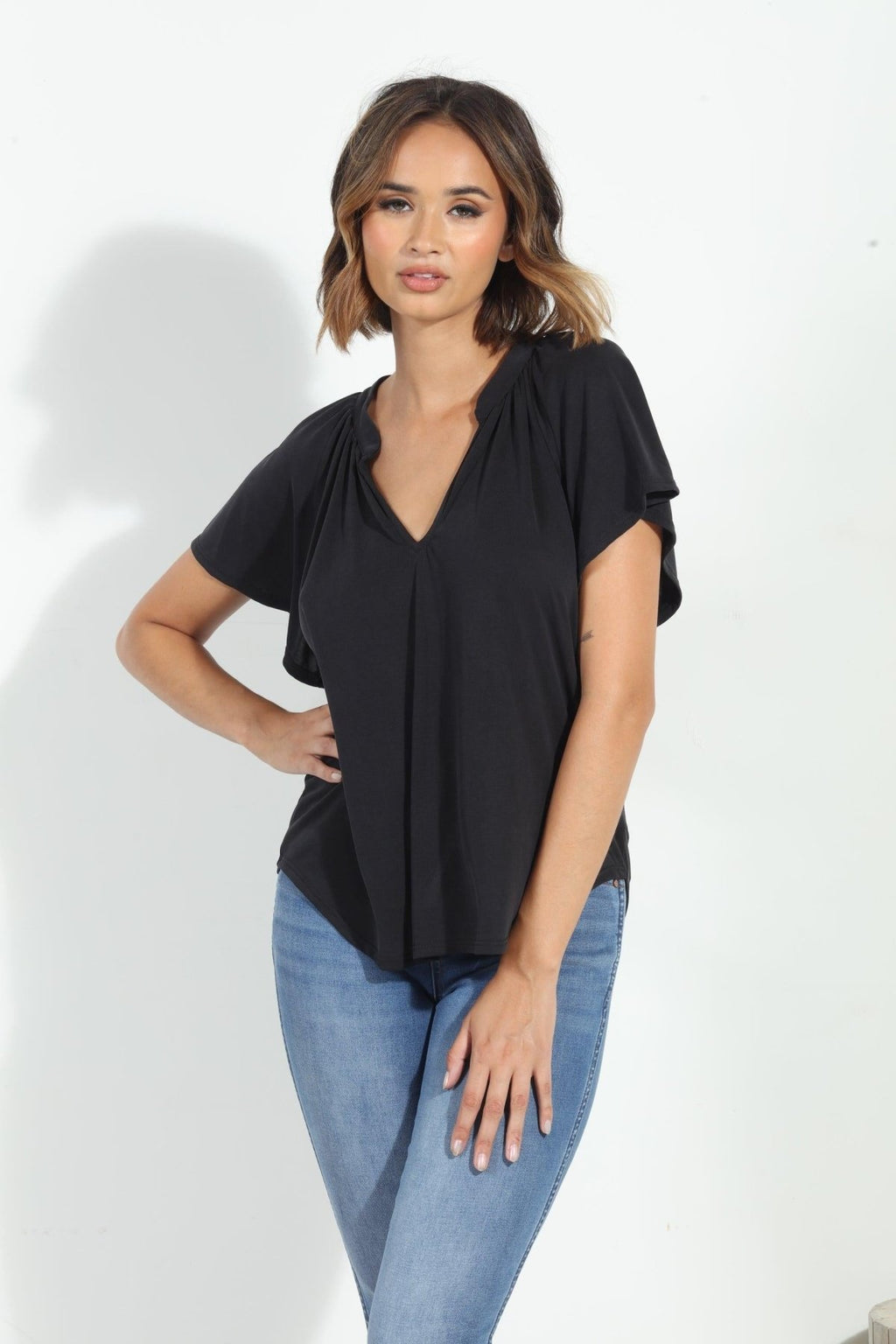Charcoal Short Sleeve Cupro Split Neck Top-BEST SELLER