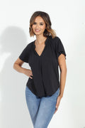 Charcoal Short Sleeve Cupro Split Neck Top-BEST SELLER