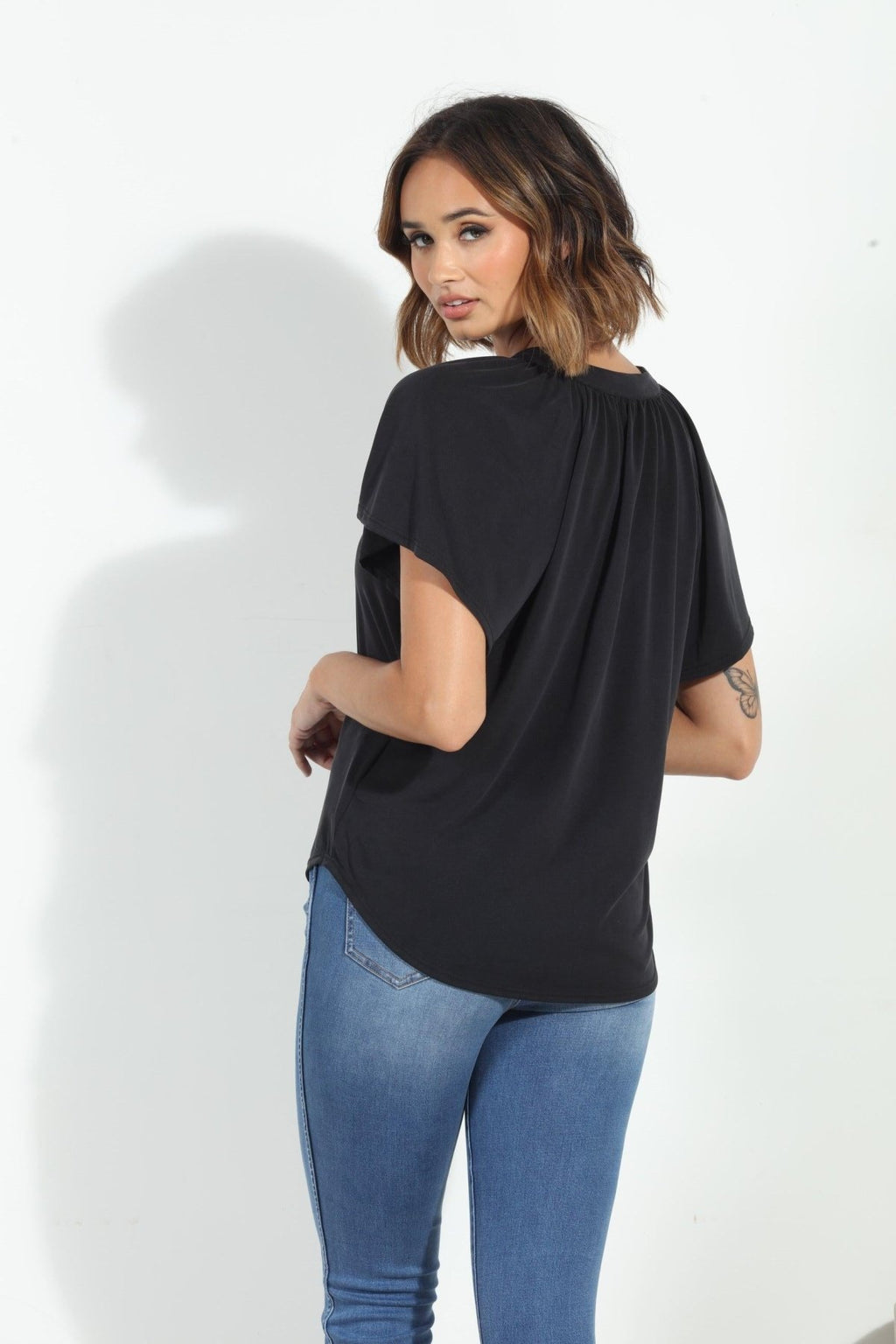 Charcoal Short Sleeve Cupro Split Neck Top-BEST SELLER