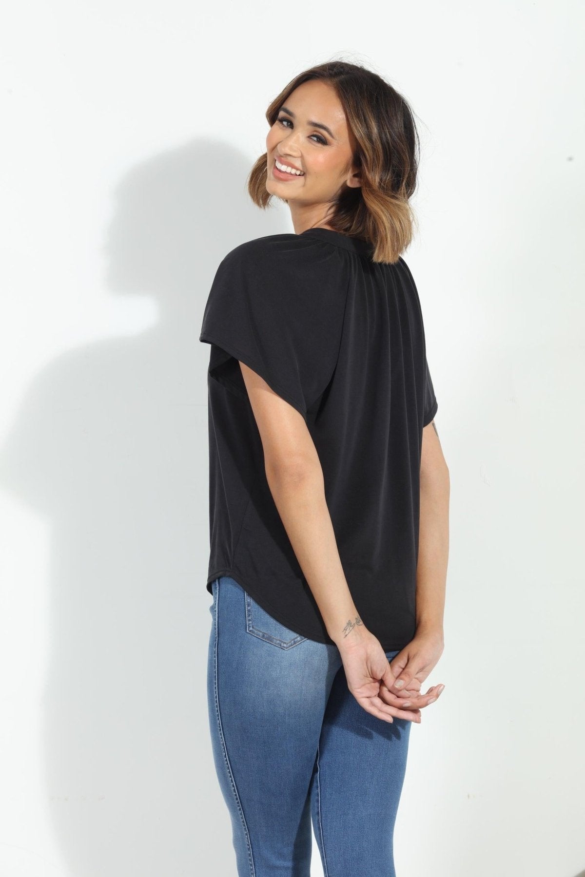Charcoal Short Sleeve Cupro Split Neck Top-BEST SELLER