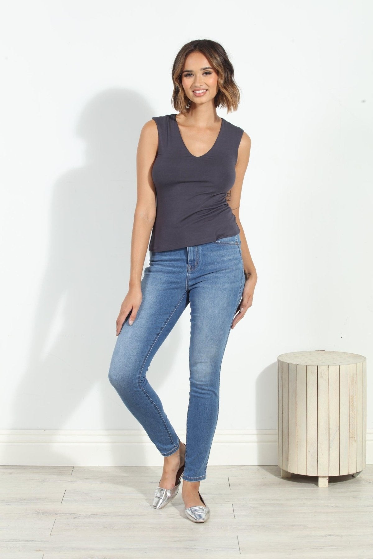 Jersey Lined Mom Cropped Tee-Charcoal