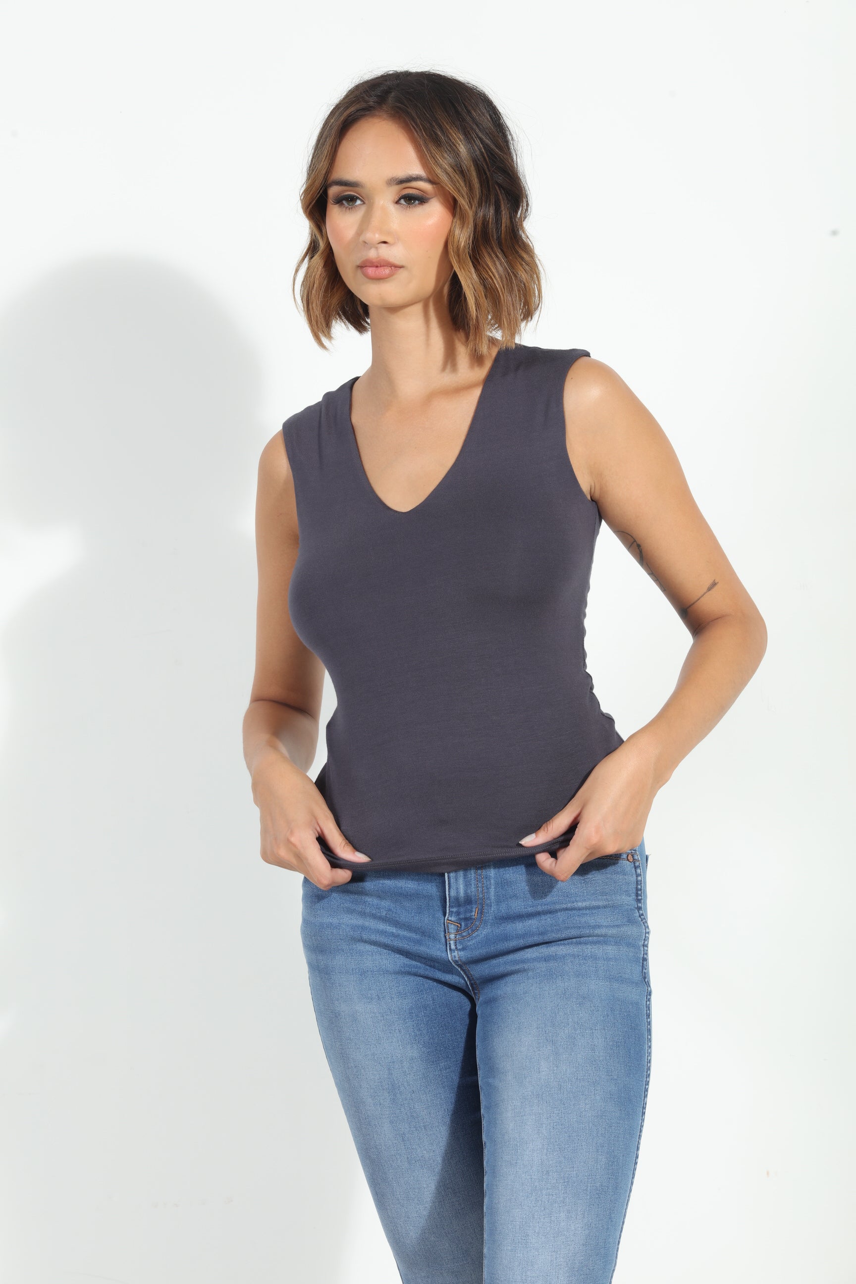 Jersey Lined Mom Cropped Tee-Charcoal