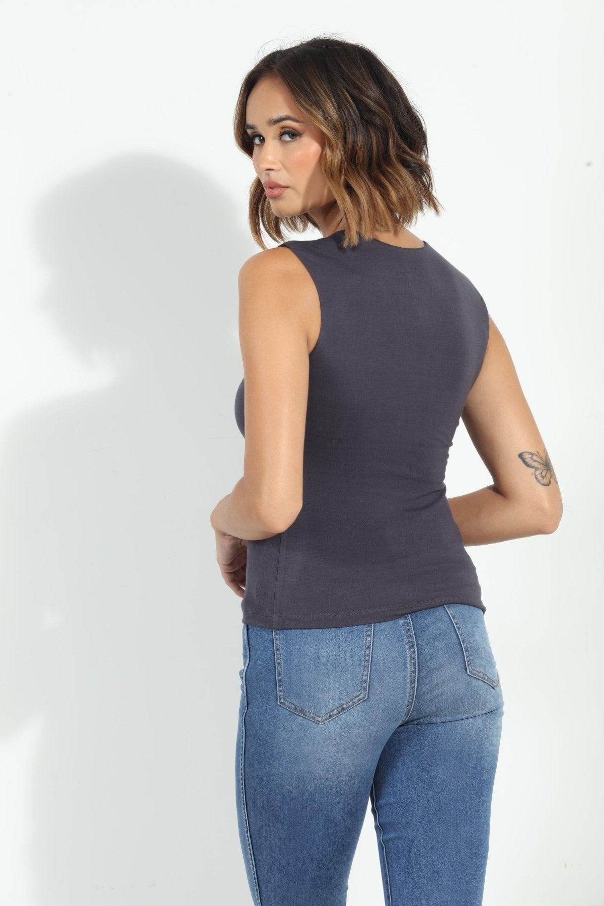 Jersey Lined Mom Cropped Tee-Charcoal