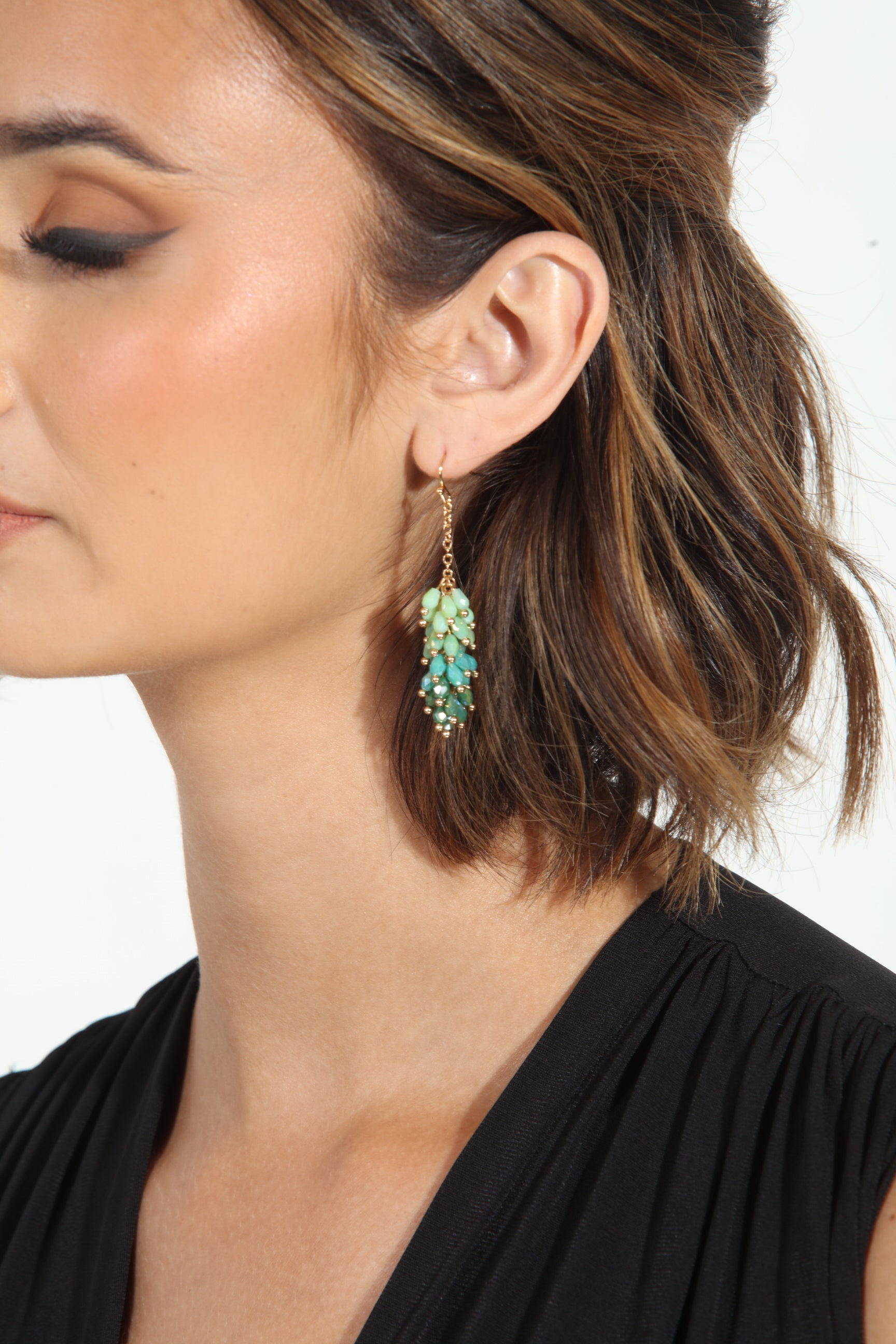 Green Beaded  Drop Down Earrings