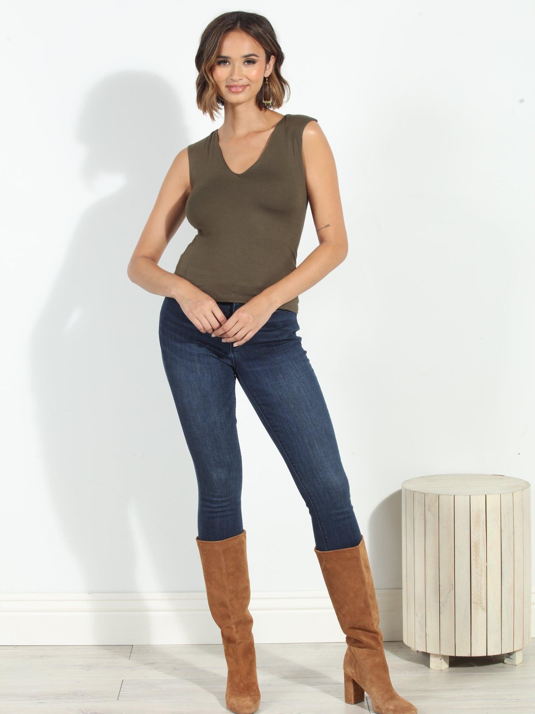 Jersey Lined Mom Cropped Tee- Olive