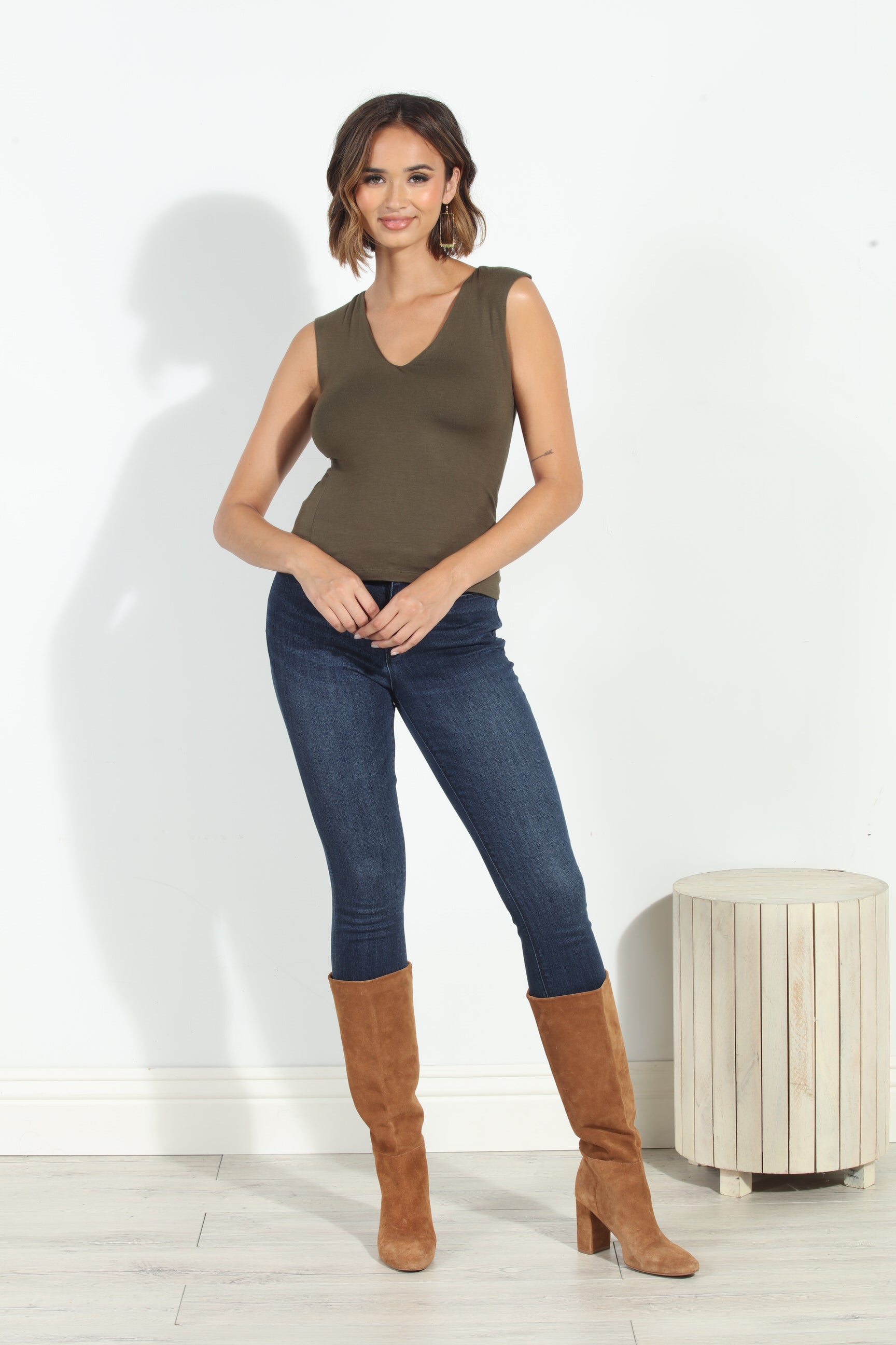 Jersey Lined Mom Cropped Tee- Olive
