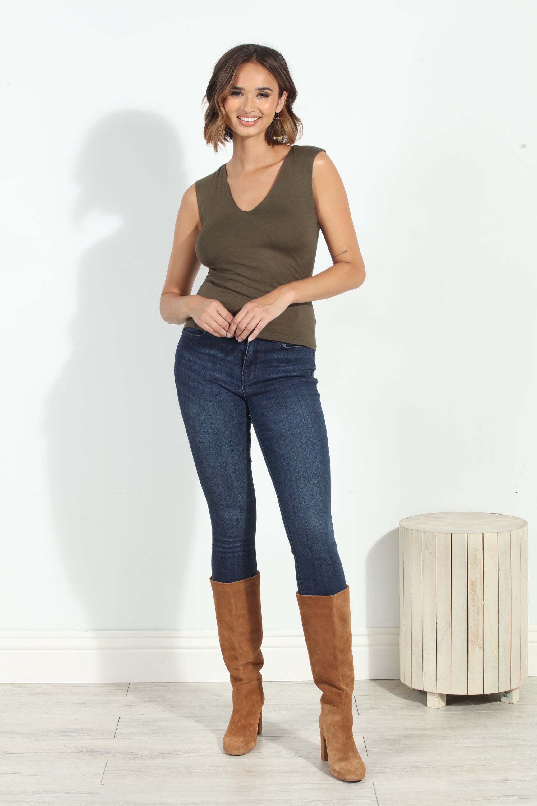 Jersey Lined Mom Cropped Tee- Olive