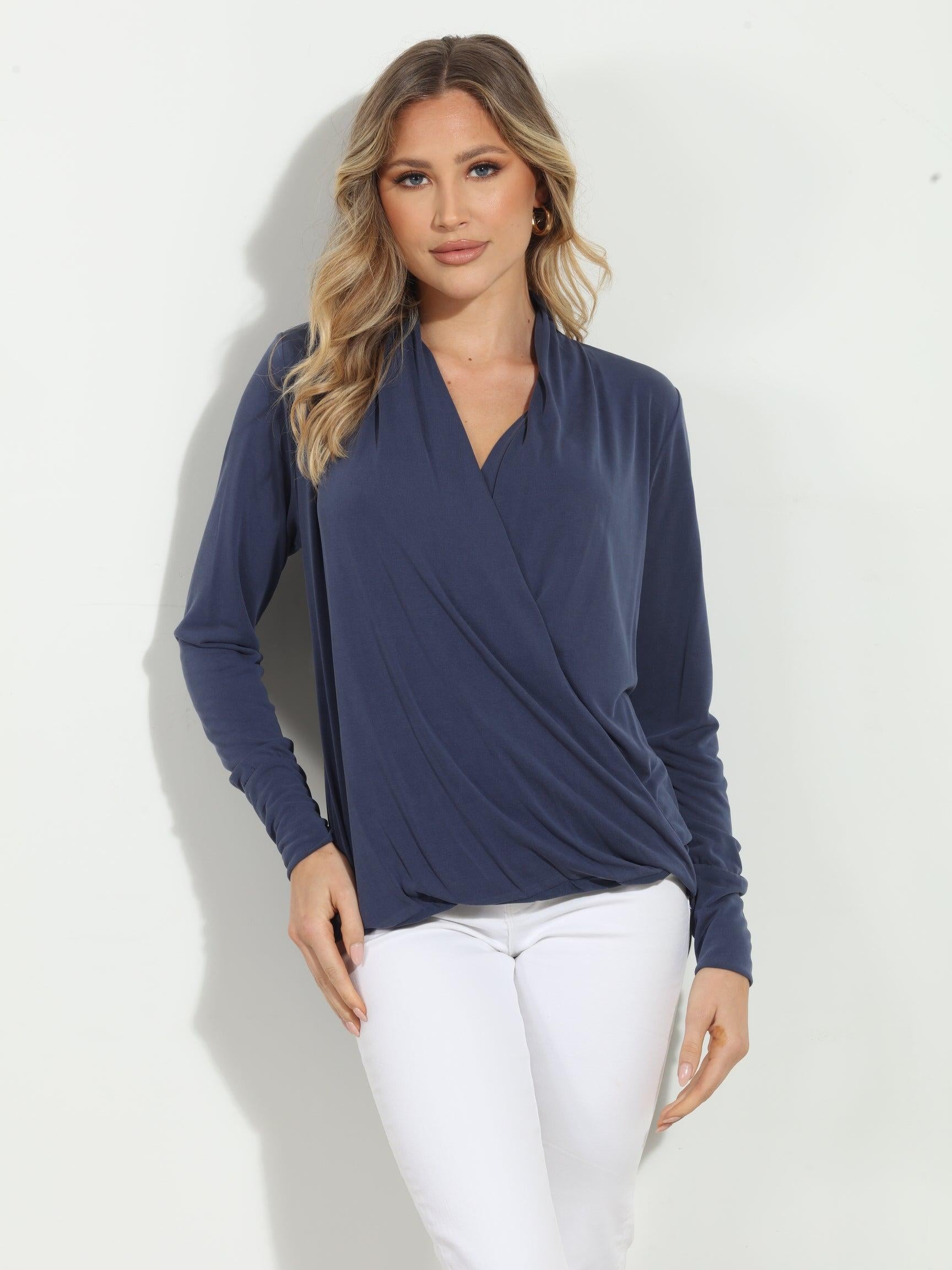 Navy Cupro Draped Surplice Top - BEST SELLER
