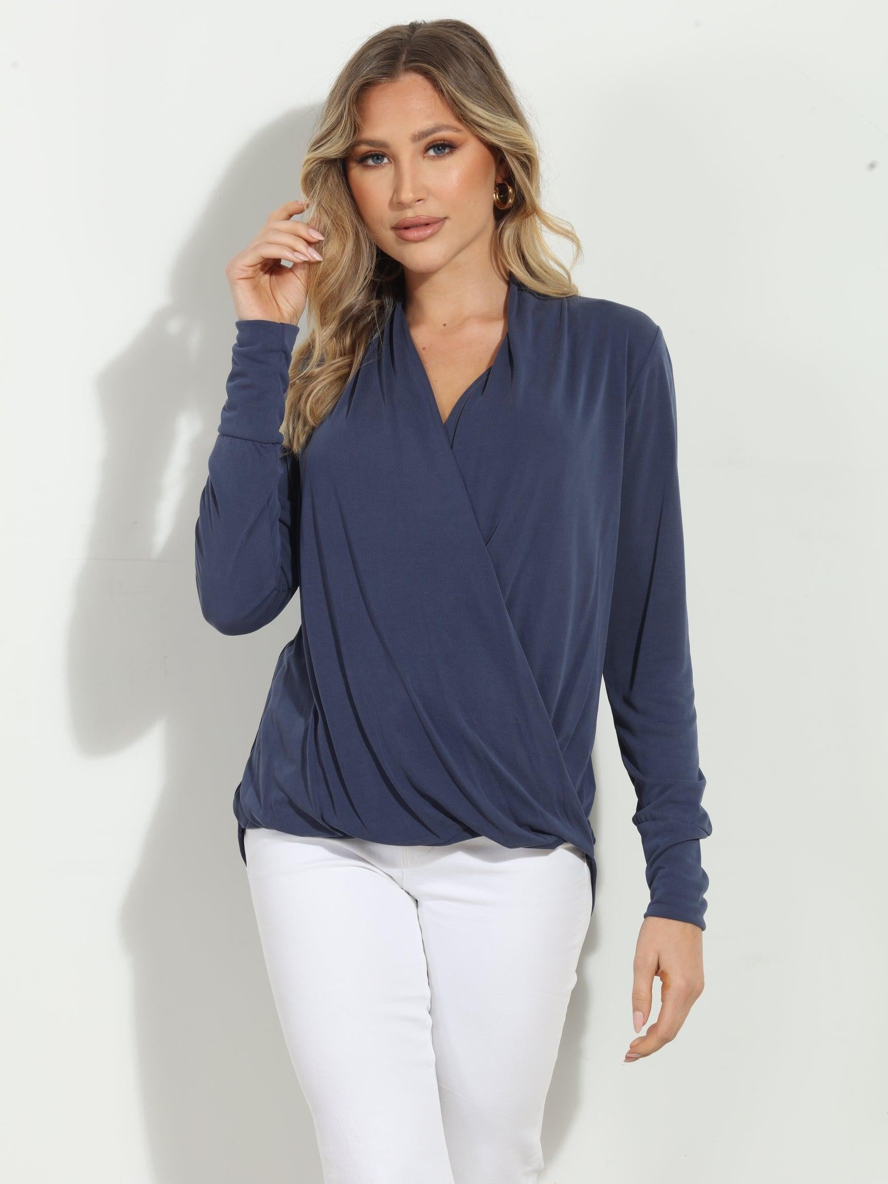 Navy Cupro Draped Surplice Top - BEST SELLER