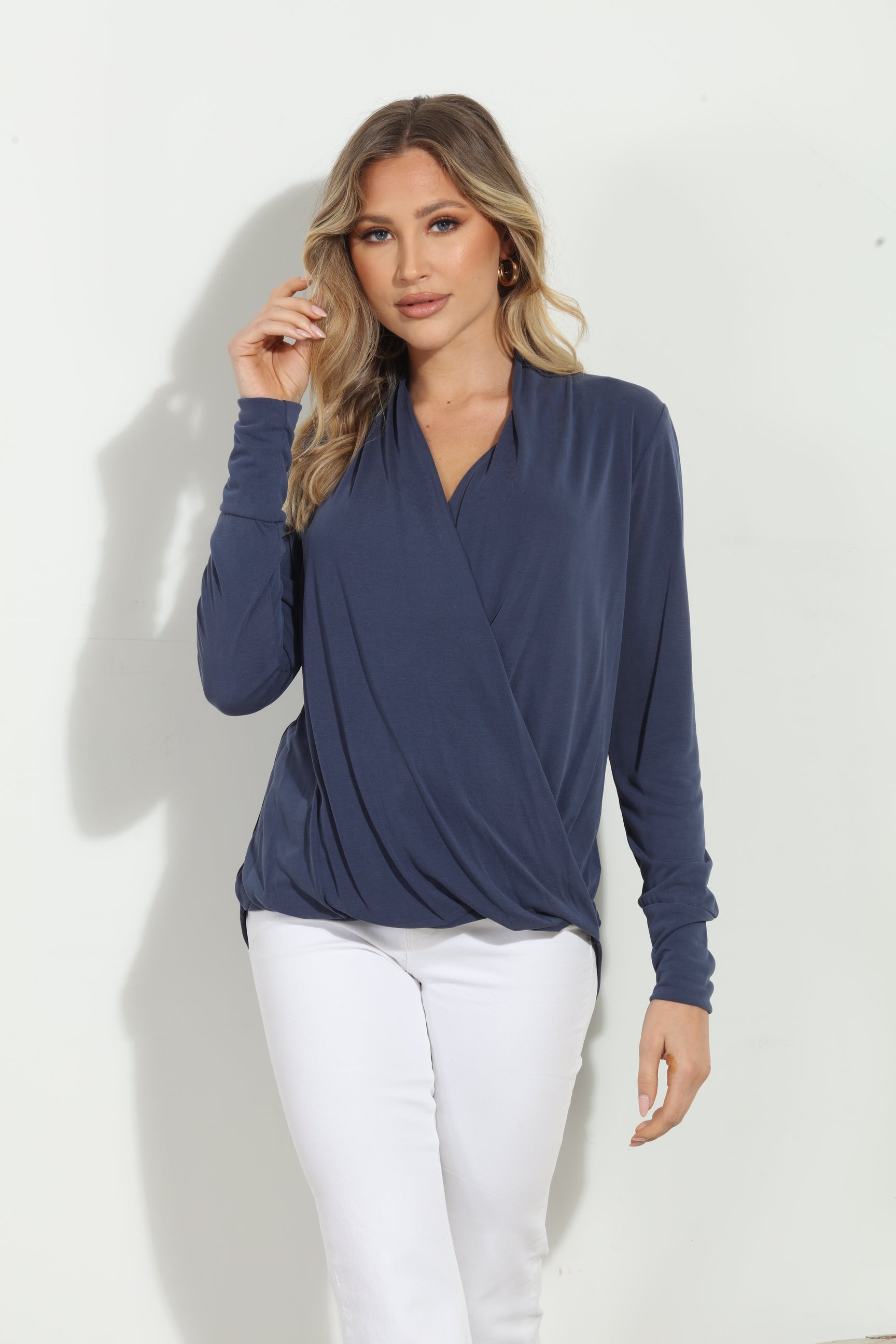 Navy Cupro Draped Surplice Top - BEST SELLER