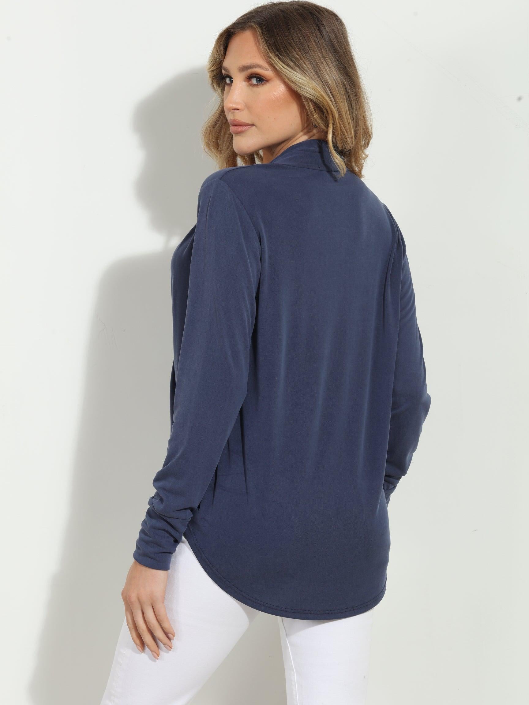 Navy Cupro Draped Surplice Top - BEST SELLER