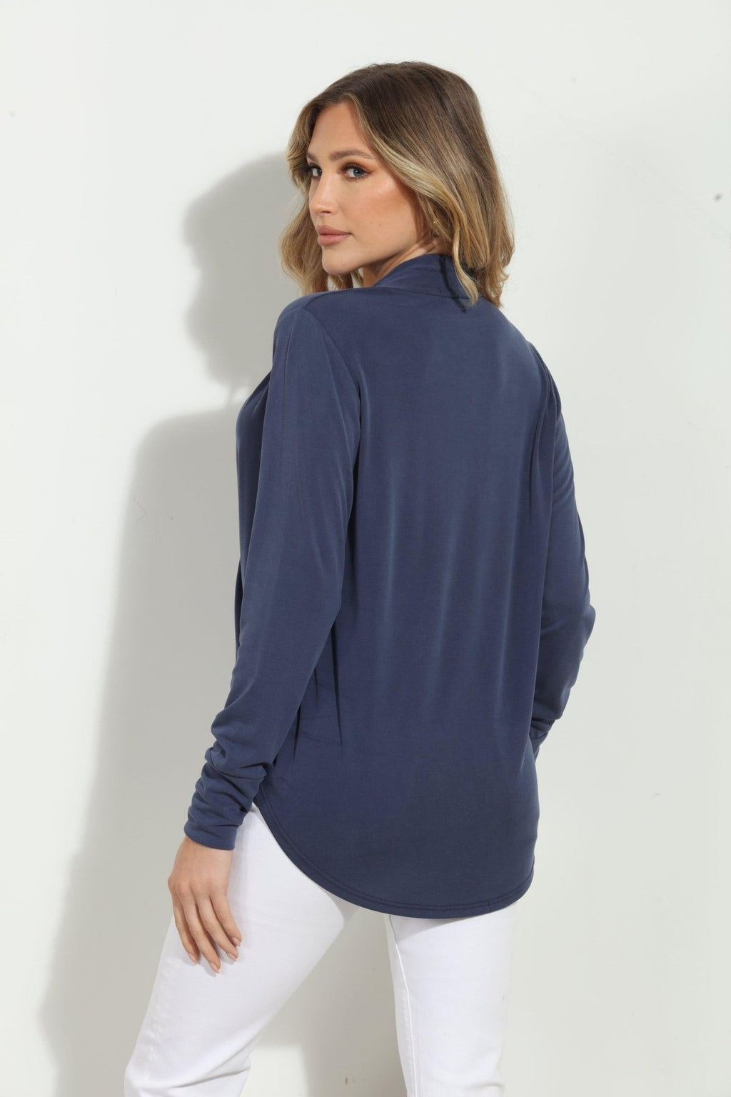 Navy Cupro Draped Surplice Top - BEST SELLER